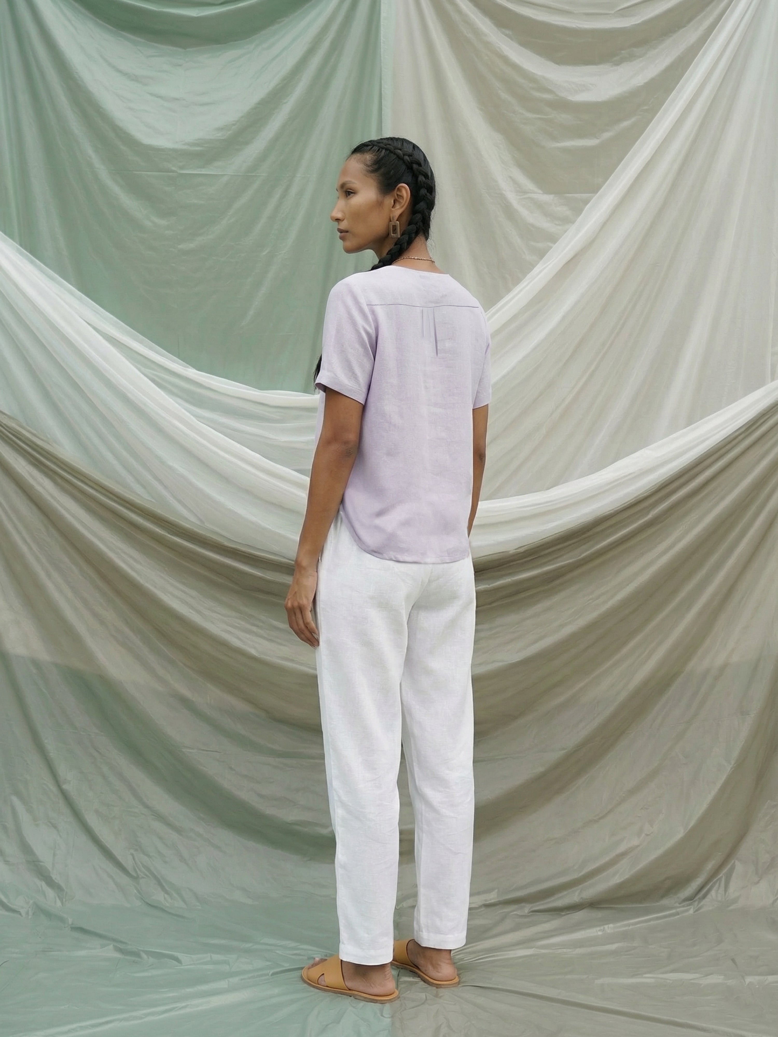 Women's Purple Linen Top with V Neck Neck