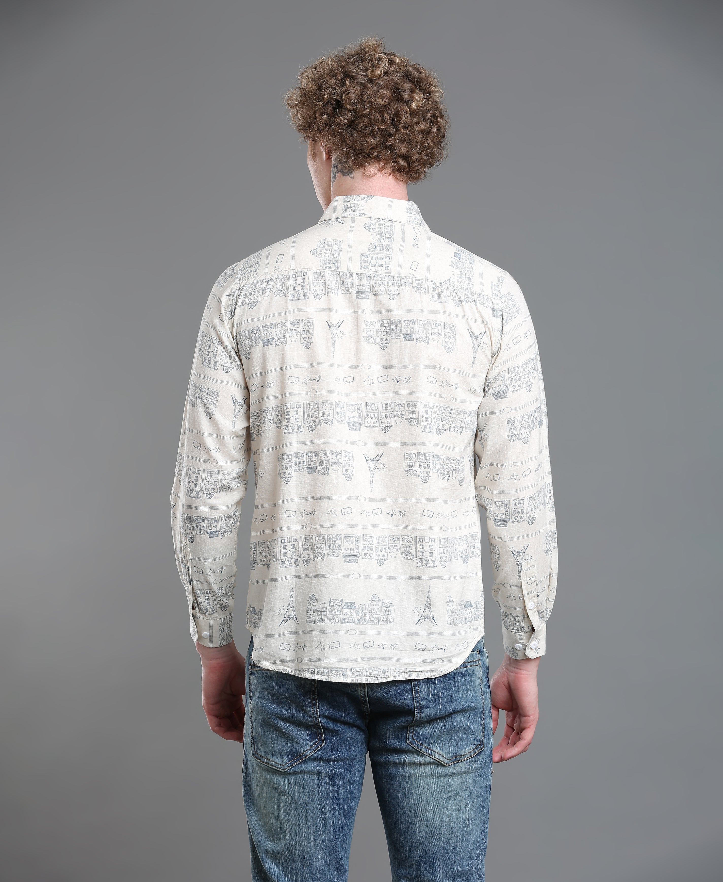Ivory Linen Print Slim Shirt
