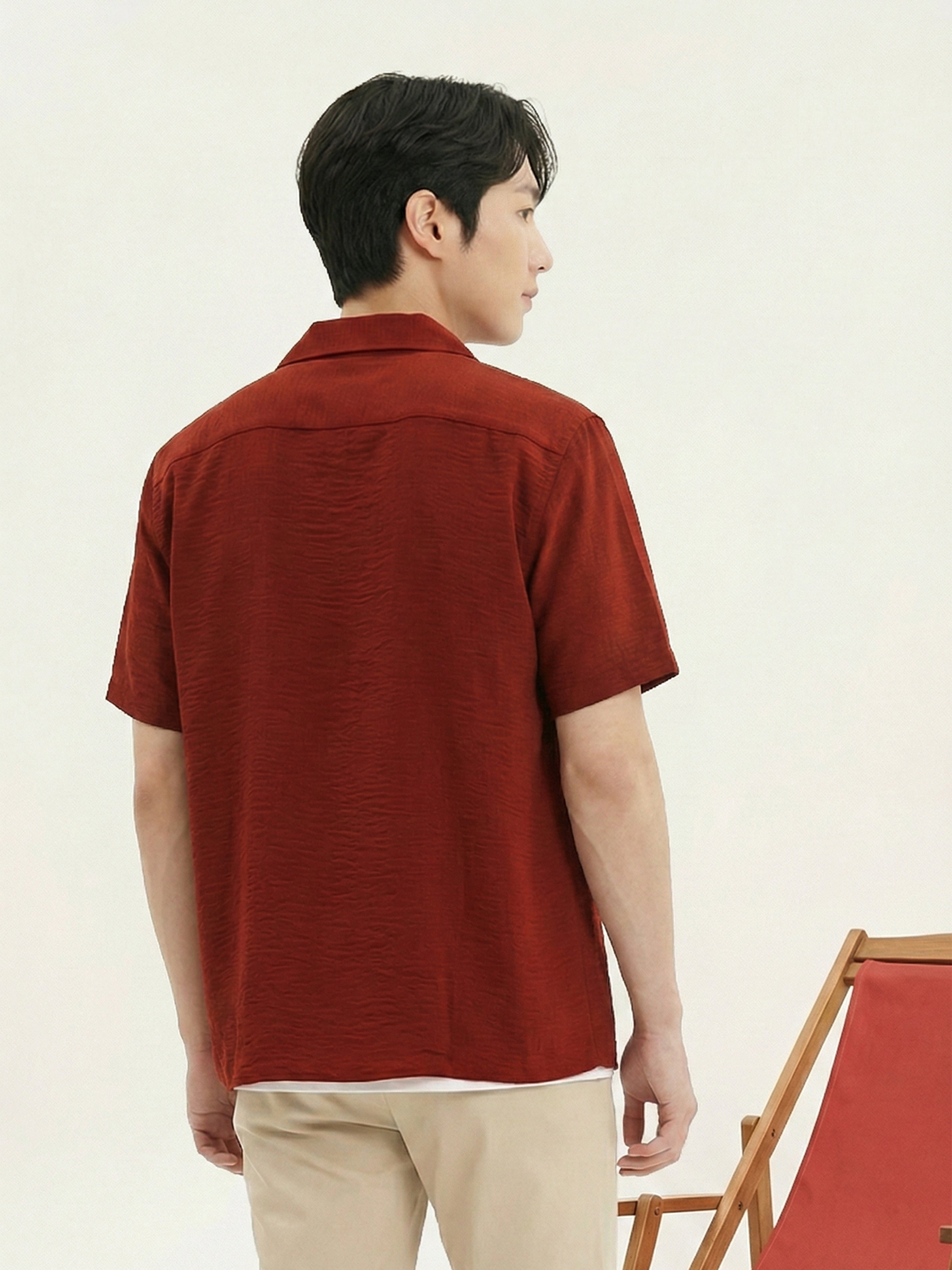 Brick Red Cuban Collar Half Sleeves Mens Shirt