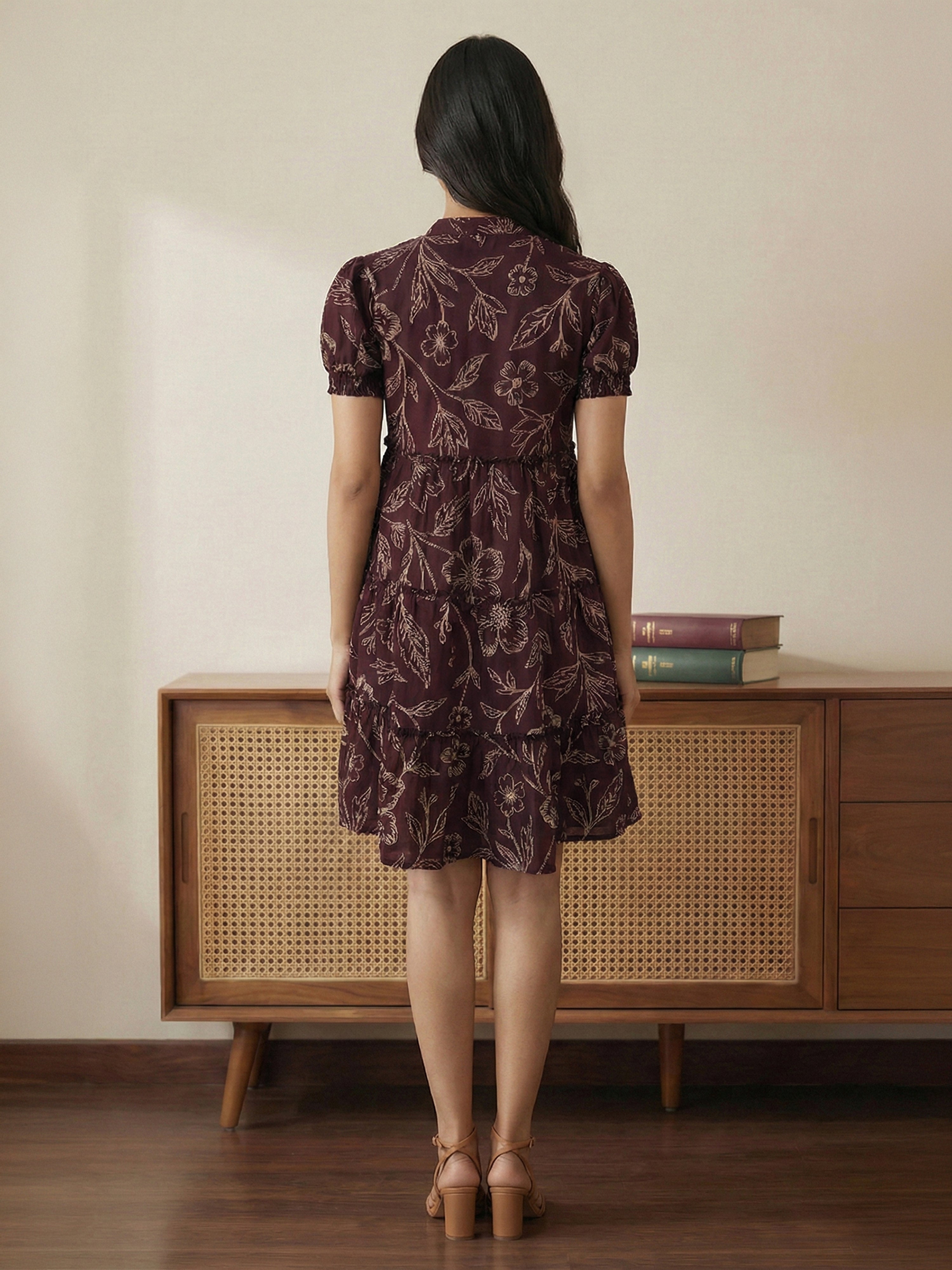 Wine Cotton Collar Neck Half Sleeve Dresses For Female