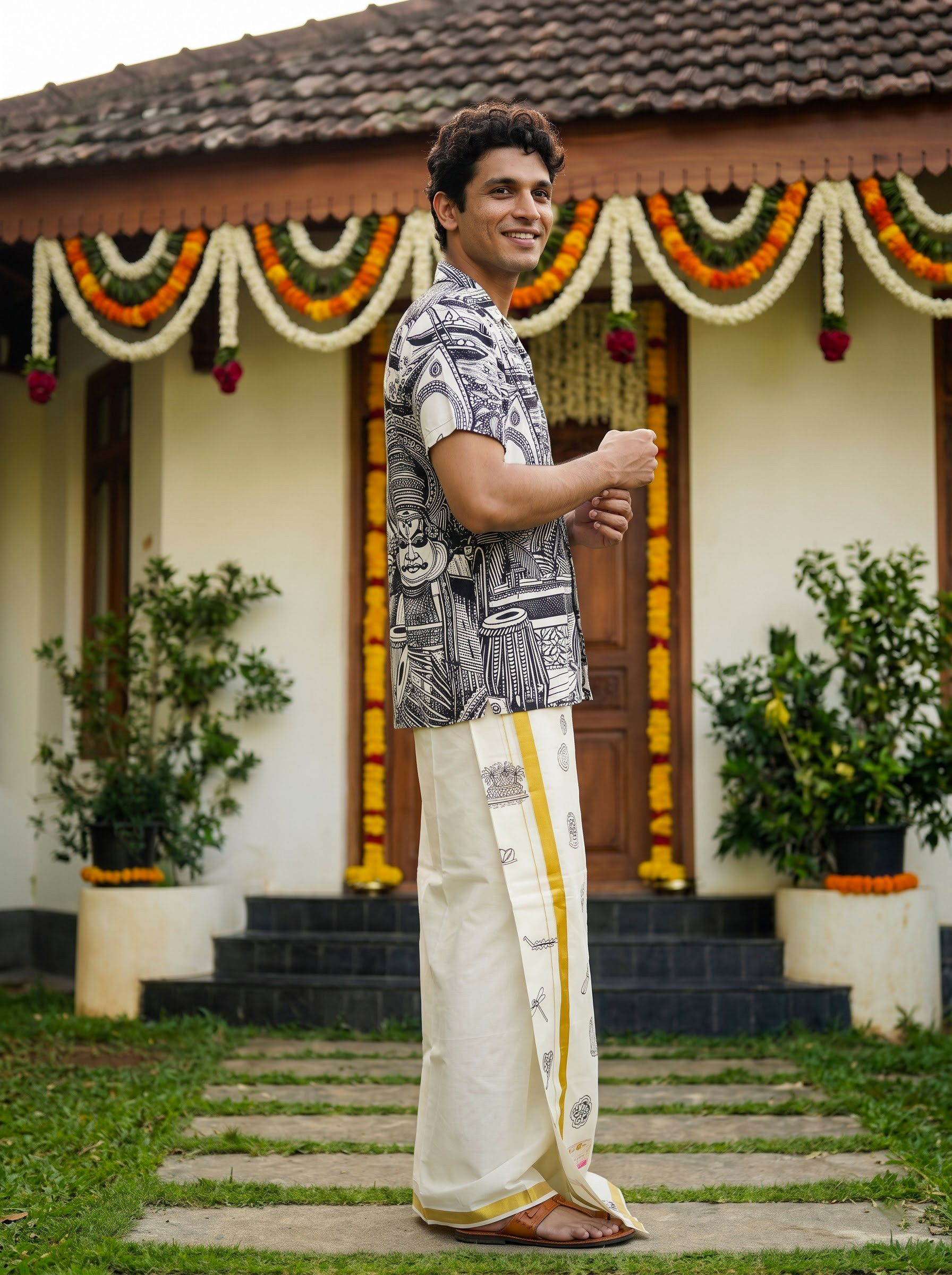 Men's Nylon Digital Print Off White Color Onam Special Regular Fit Shirt