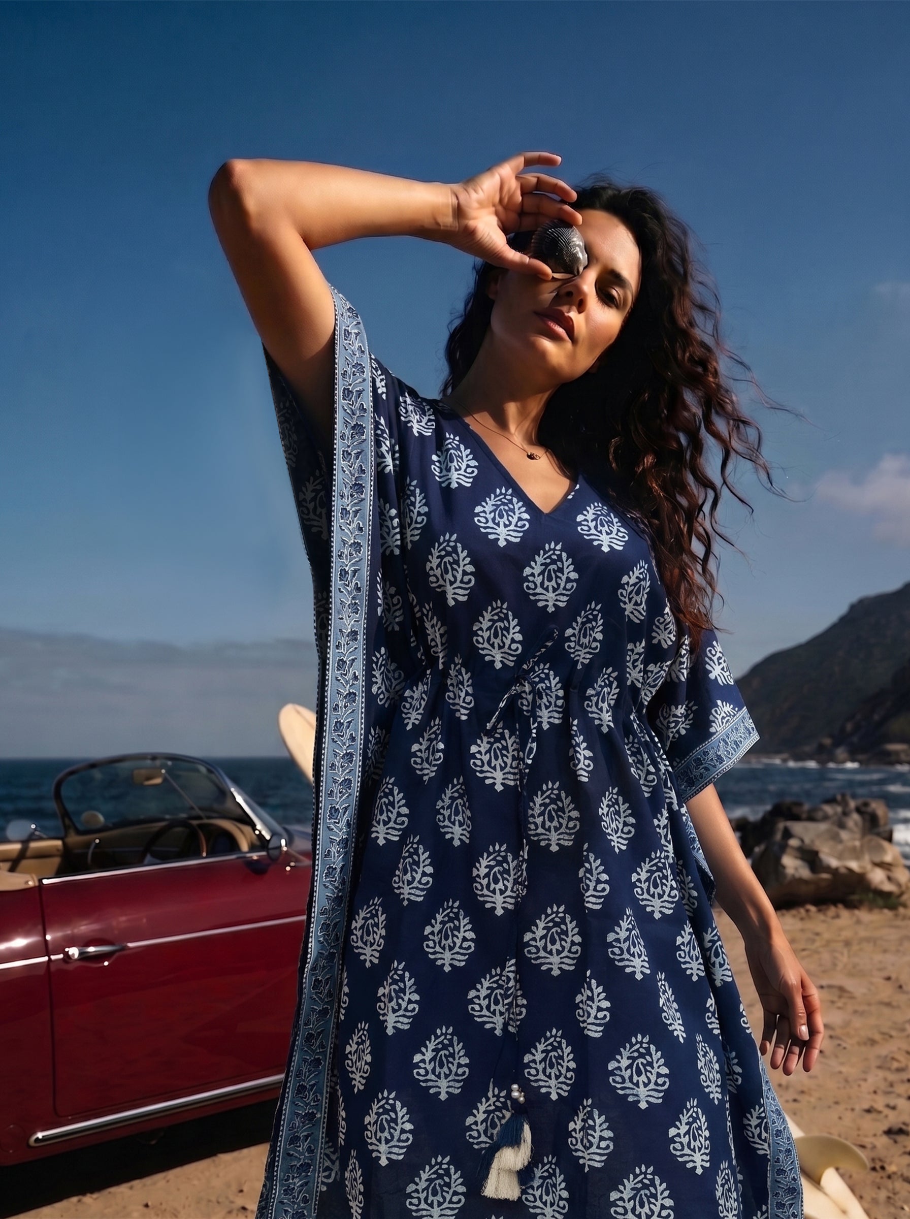 Women's Cambric Cotton Indigo V Neck Sleeveless Kaftan