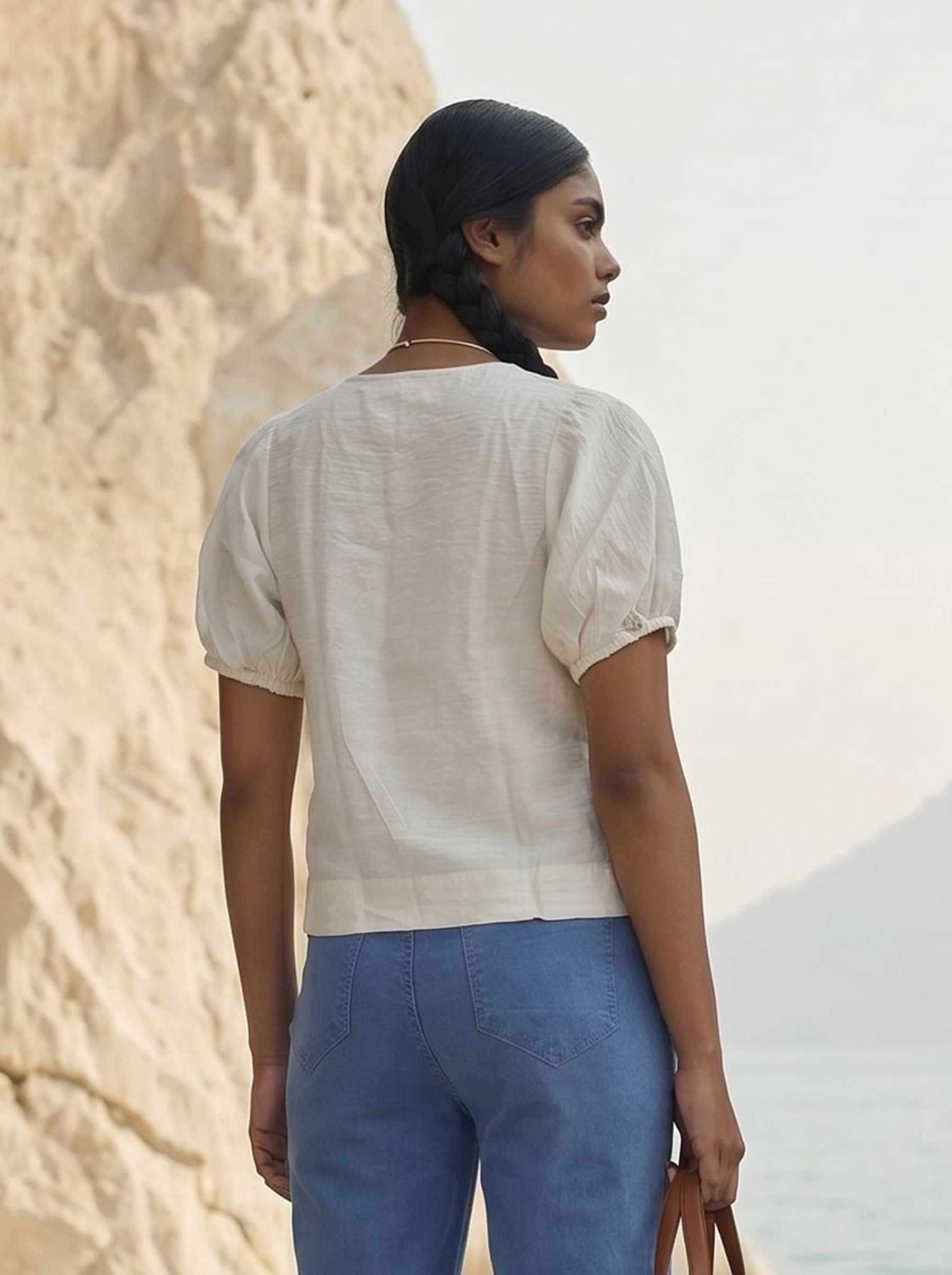 Women's Cotton Flex White Round  Neck Top
