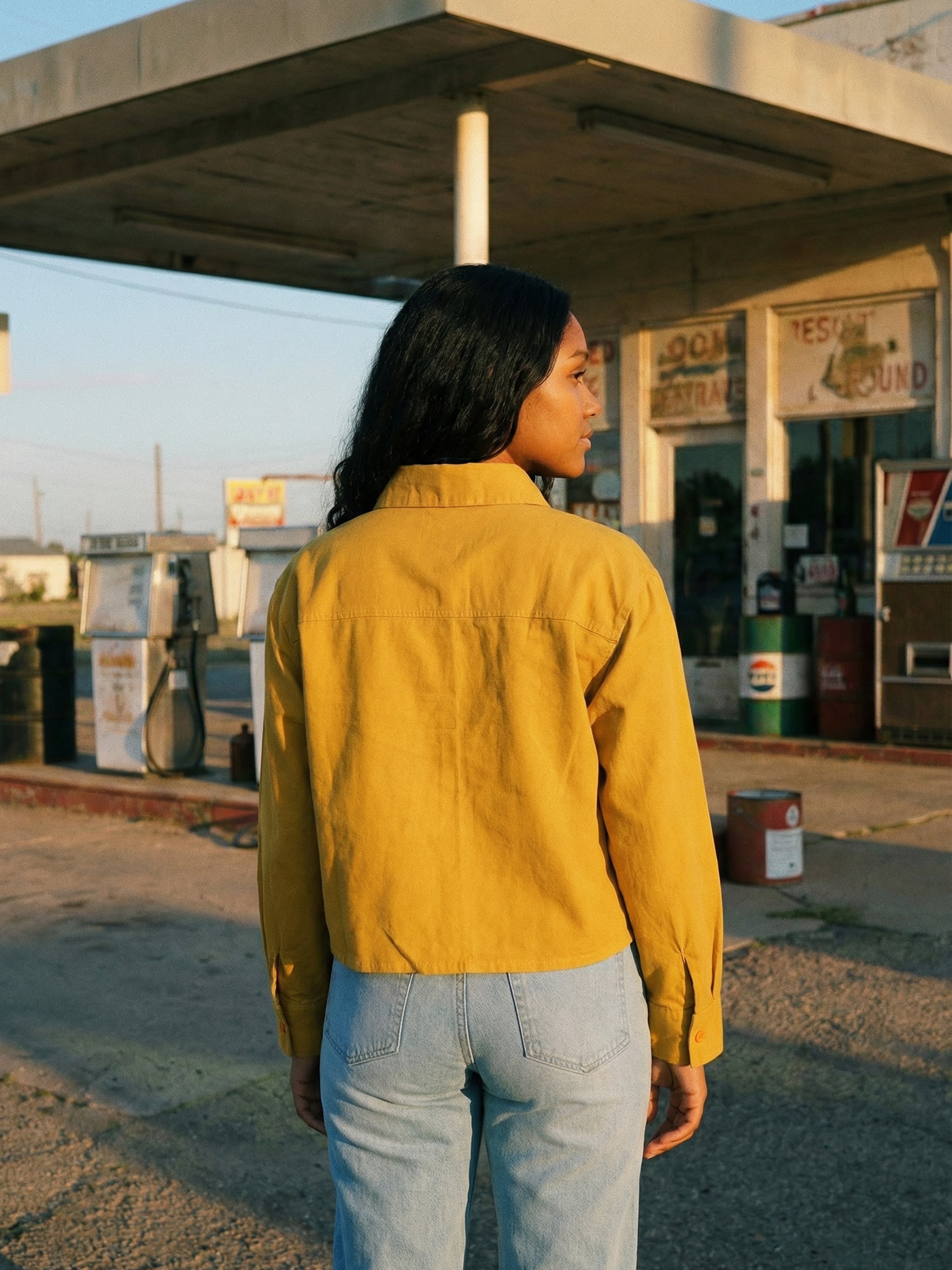 Women's Mustard Cotton Twill Shirt with Collar Neck Neck