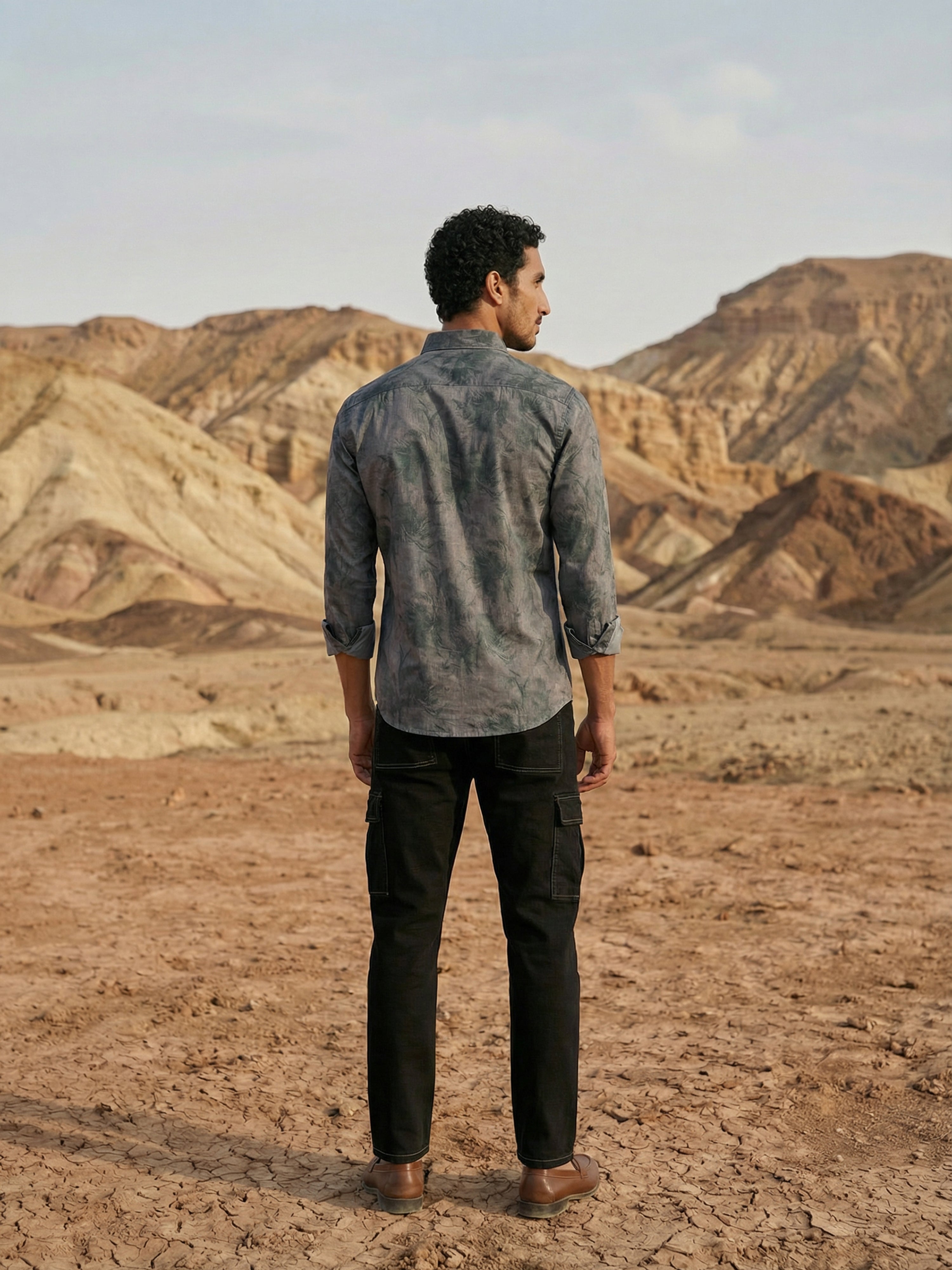 Grey  Milanj Semi Formal Print Semi Cut Away Collar Full Sleeves Shirt For Male