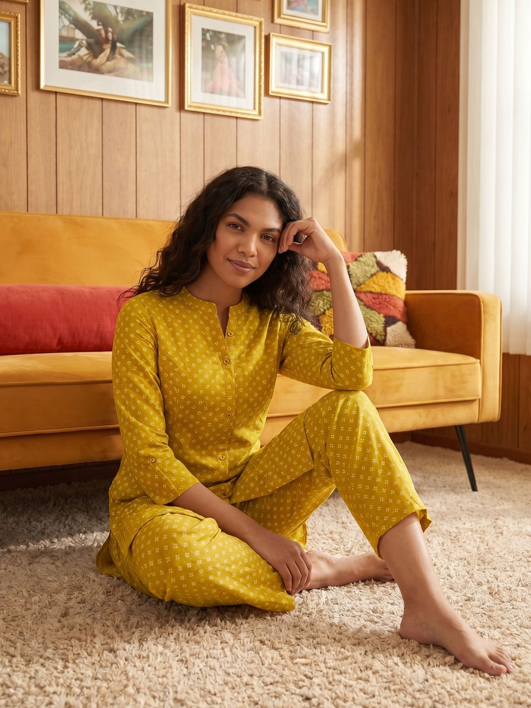 Women's Cambric Cotton Yellow Round Neck Printed Kurti Set