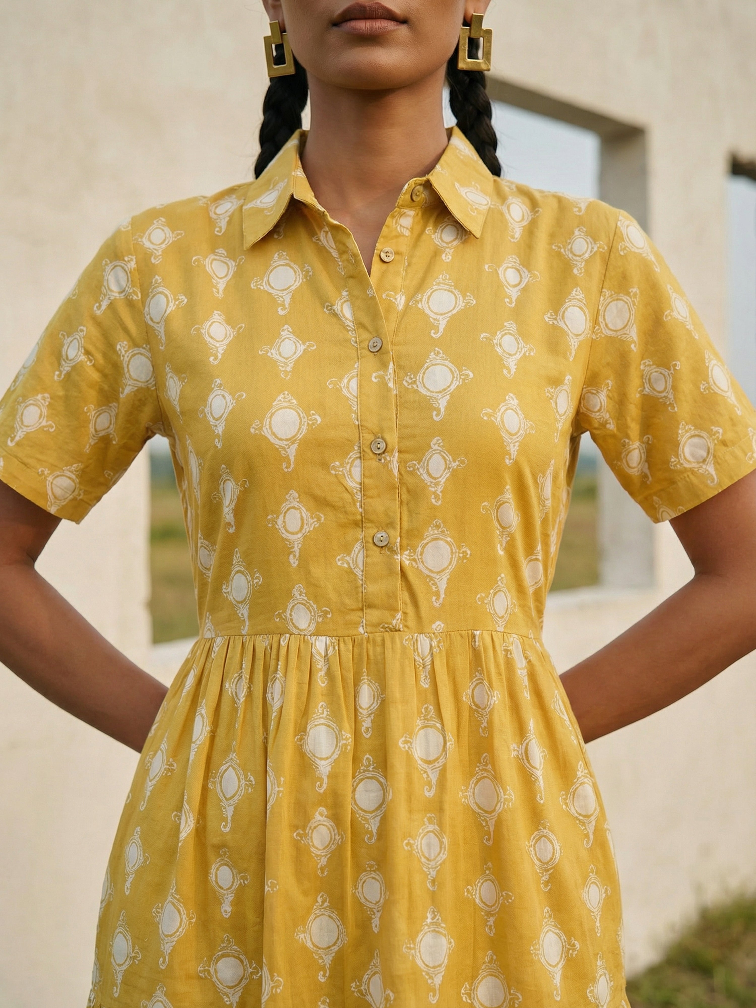 Women's Yellow Rayon  Dresses with Classic Collar Neck