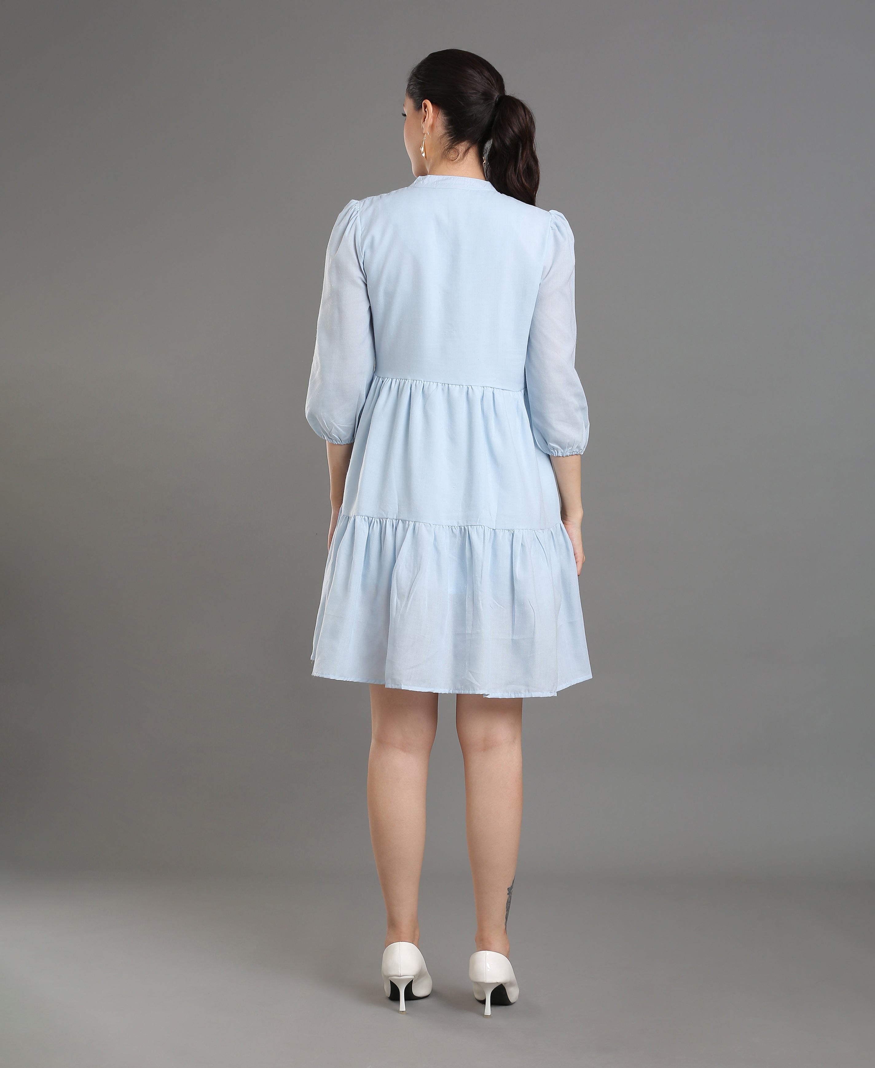 Azure Solid Mandarin Flare Dress