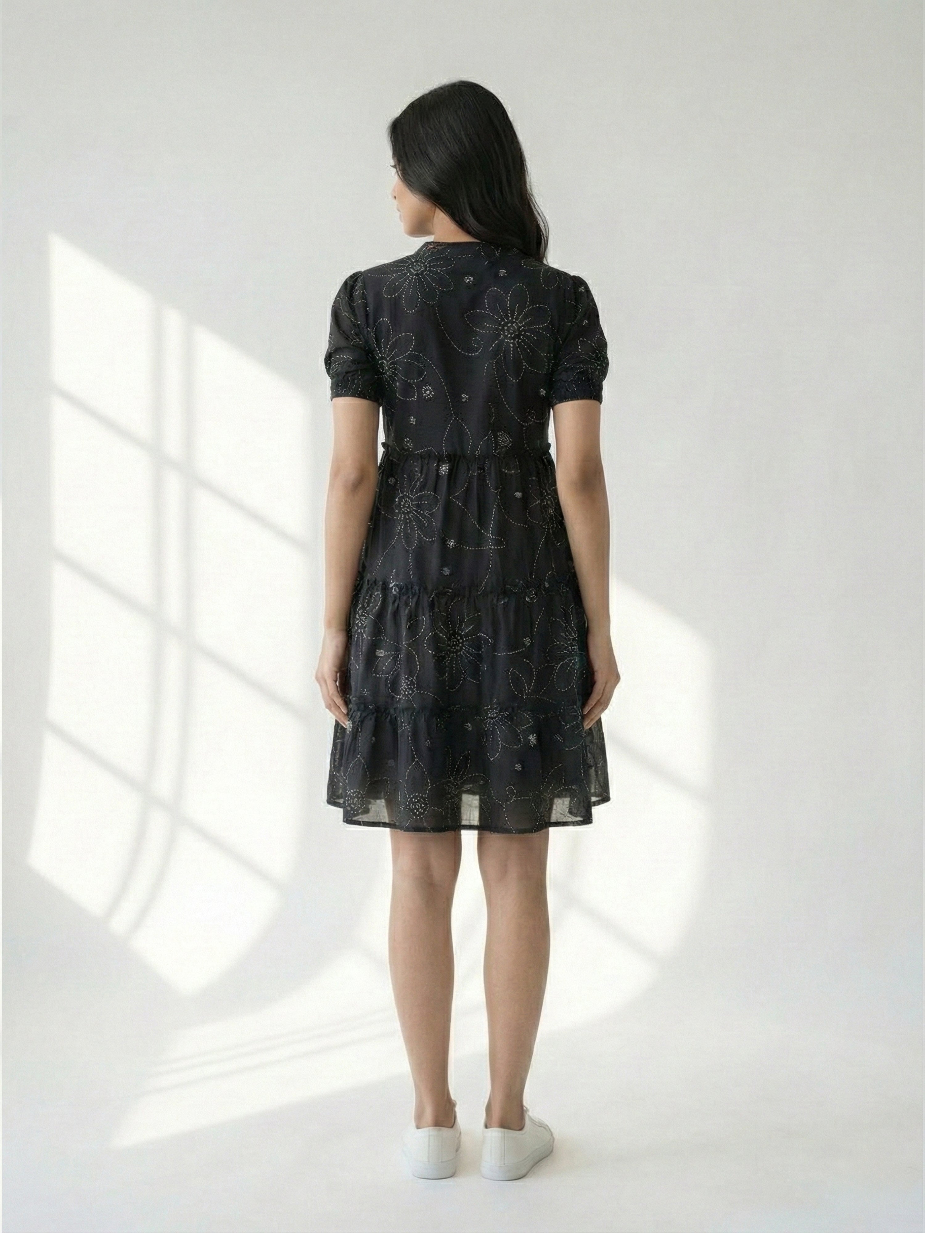 Black Cotton Collar Neck Half Sleeve Dresses For Female