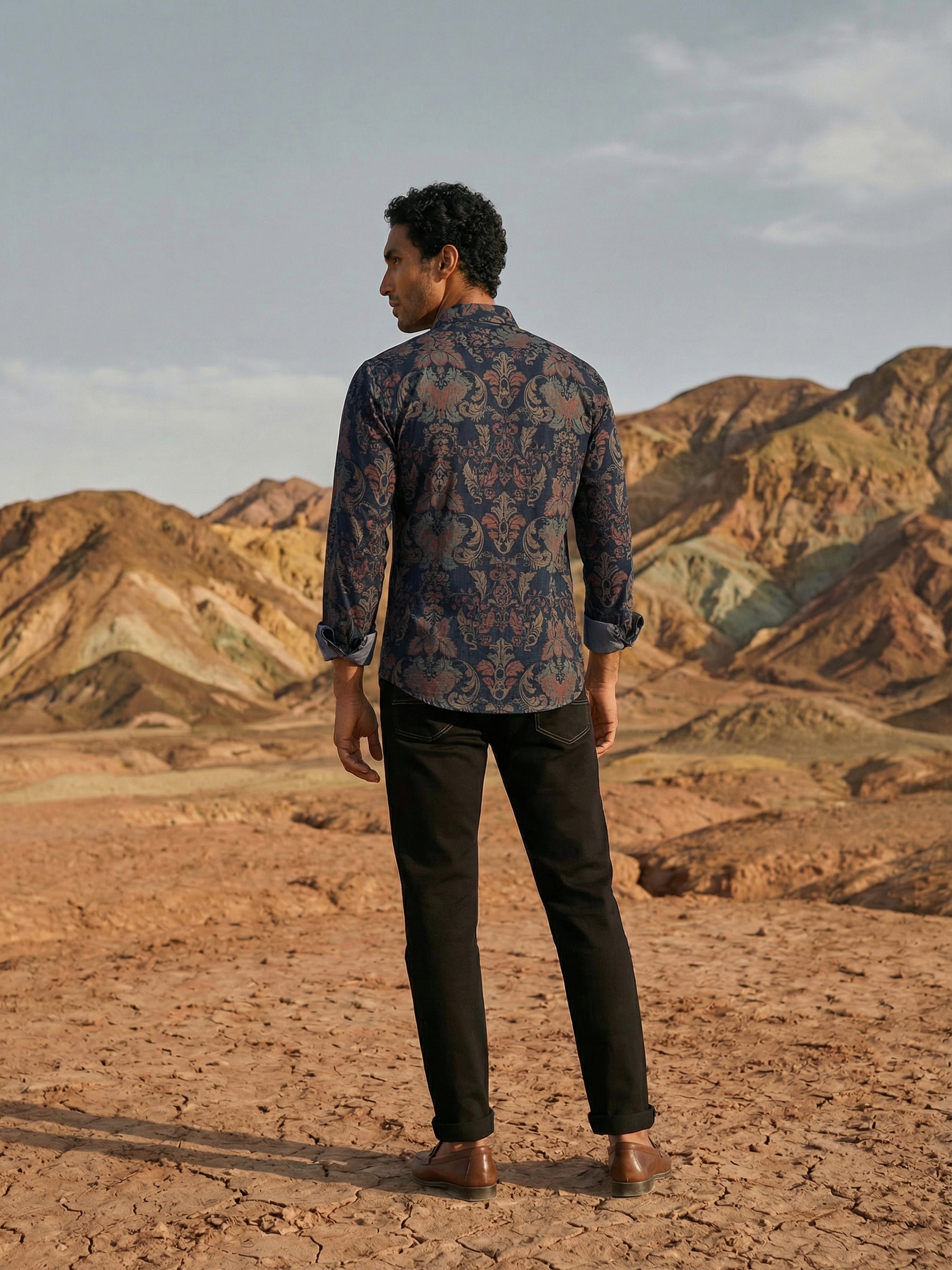 Navy  Milanj Semi Formal Print Semi Cut Away Collar Full Sleeves Shirt For Male