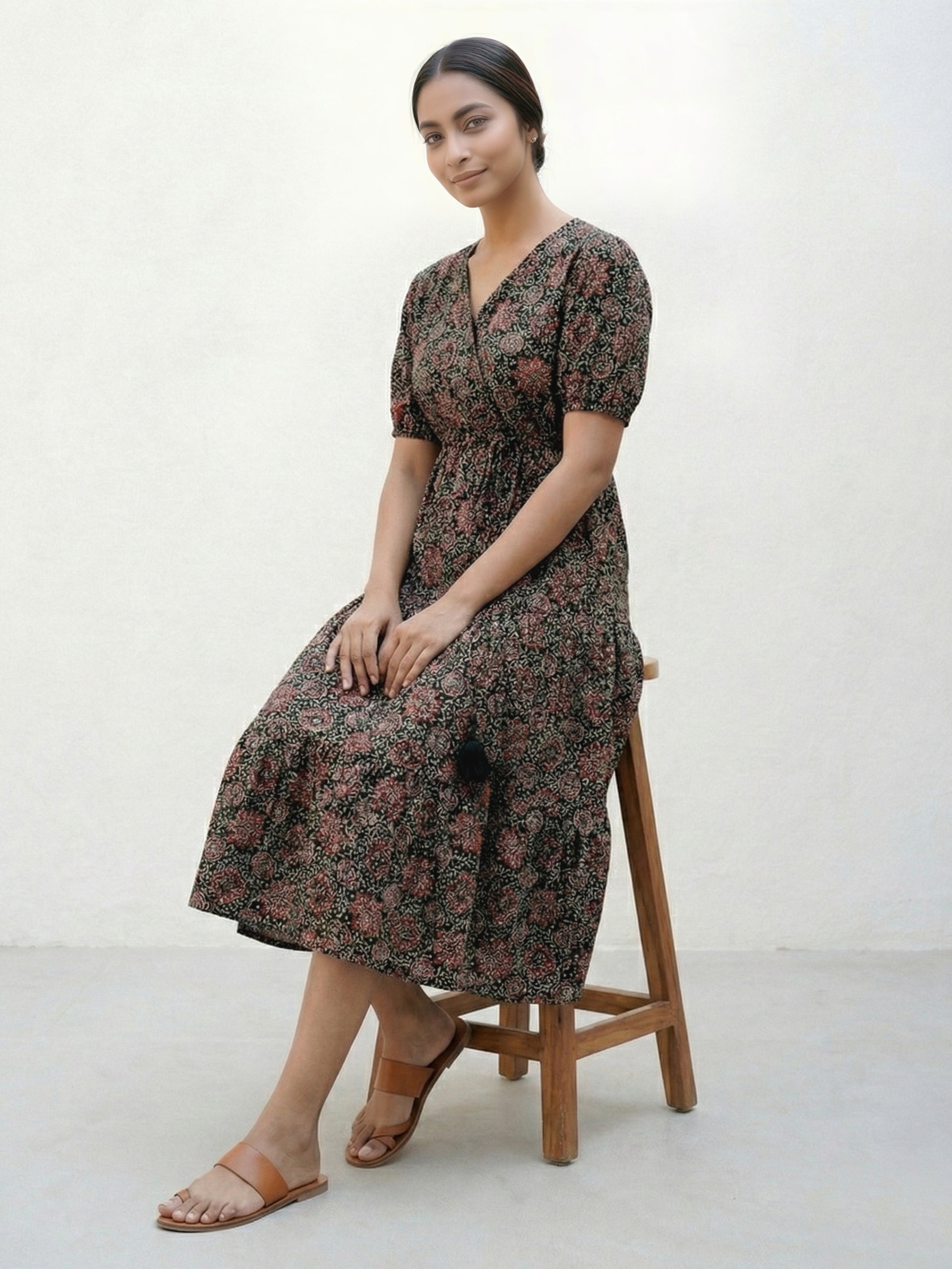 Black Rayon Angrkaha 3/4 Sleeve Dresses For Female