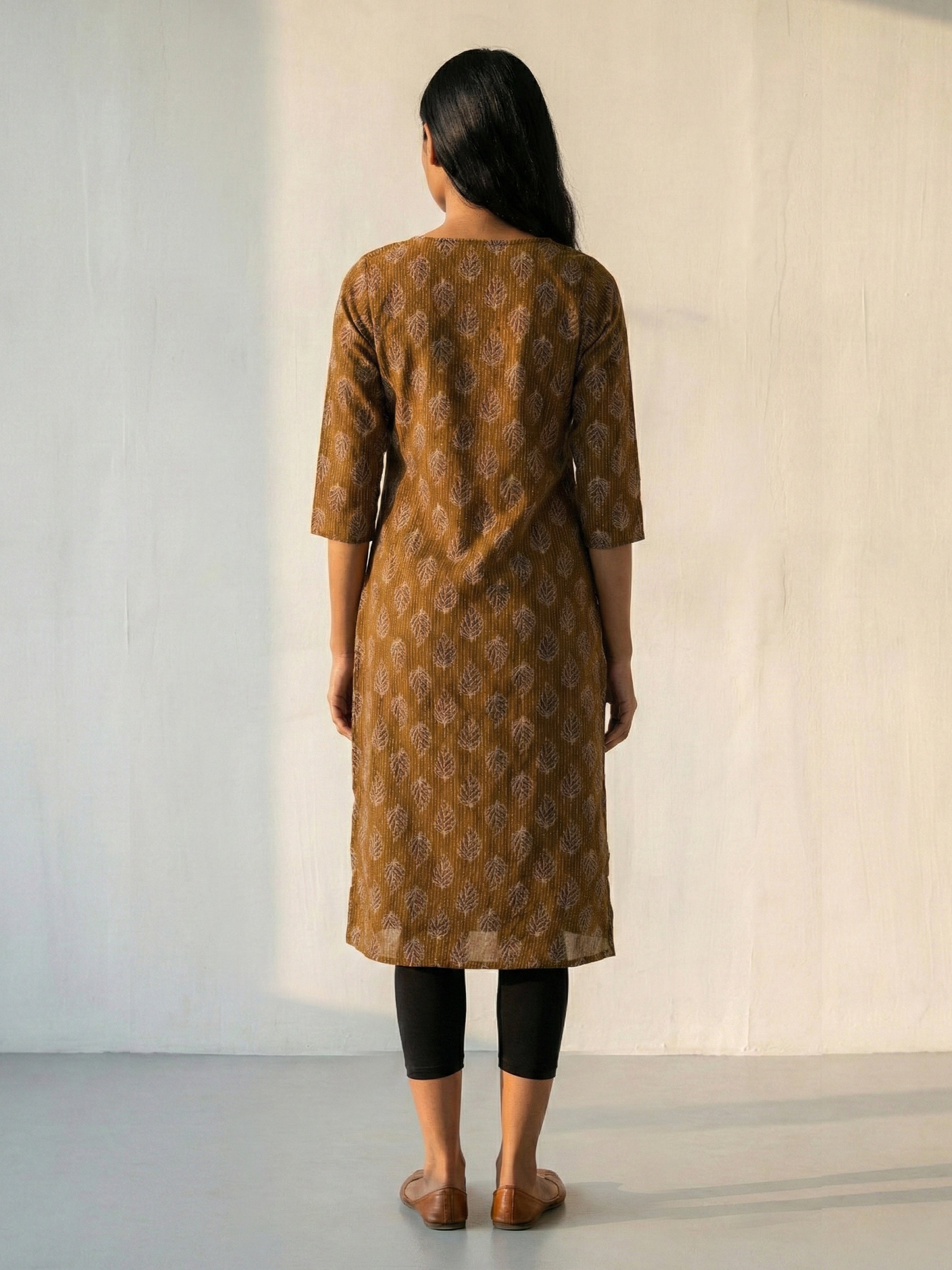 Brown Katha Cotton Round Neck Kurti