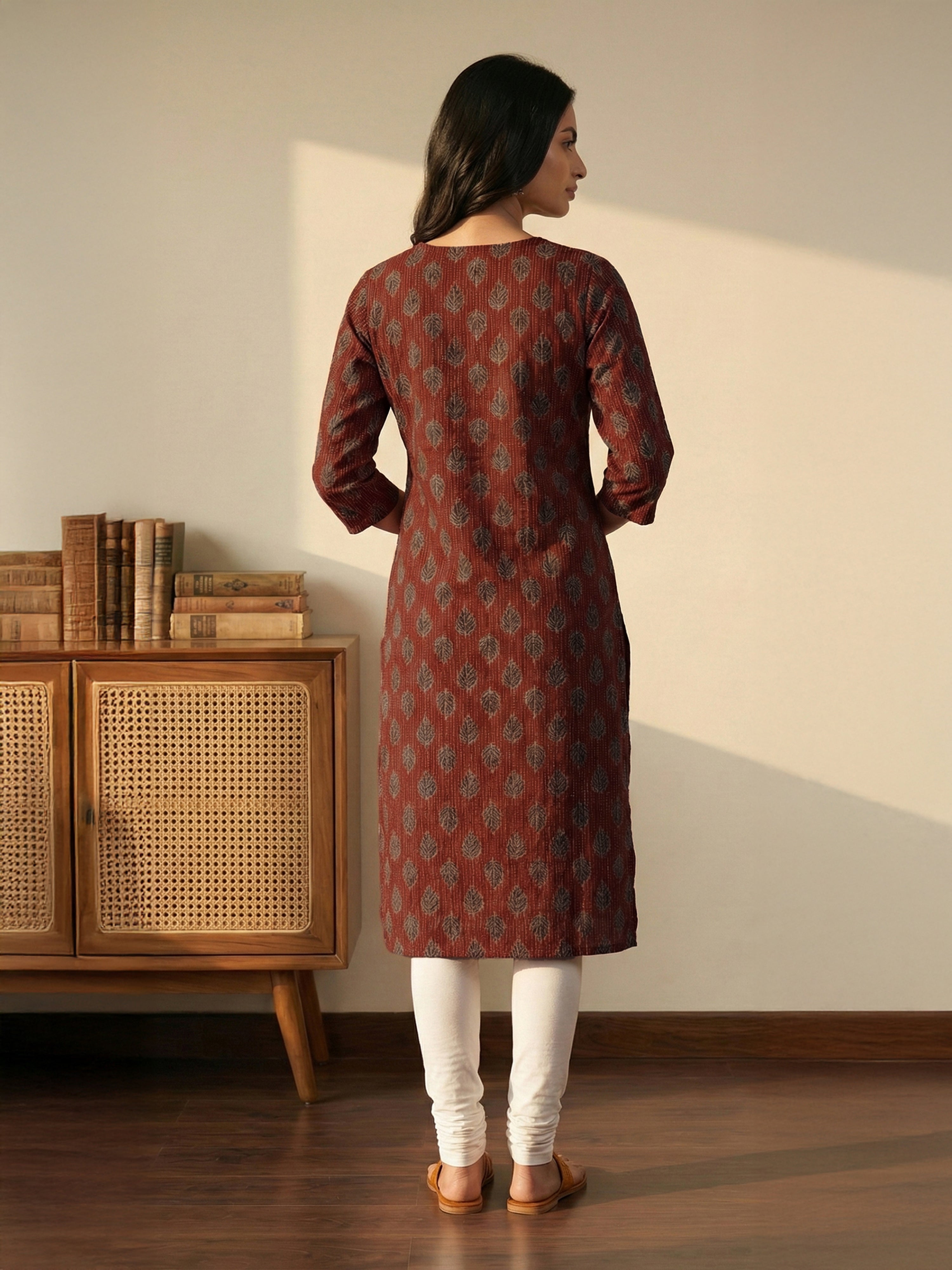 Maroon Katha Cotton Round Neck 3/4 Sleeve Kurti For Female