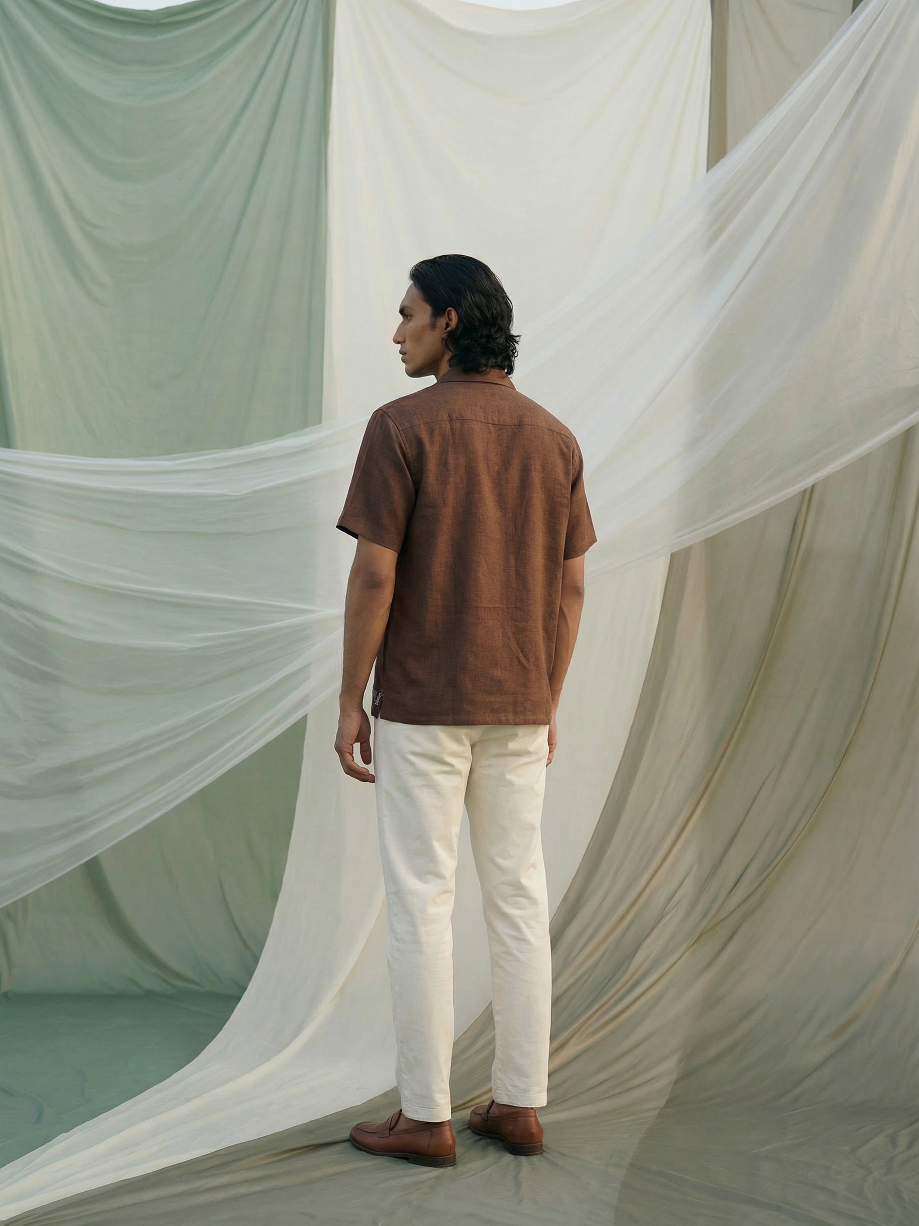 Brown  Double Tree Linen Cuban Collar Half Sleeves Shirt For Male