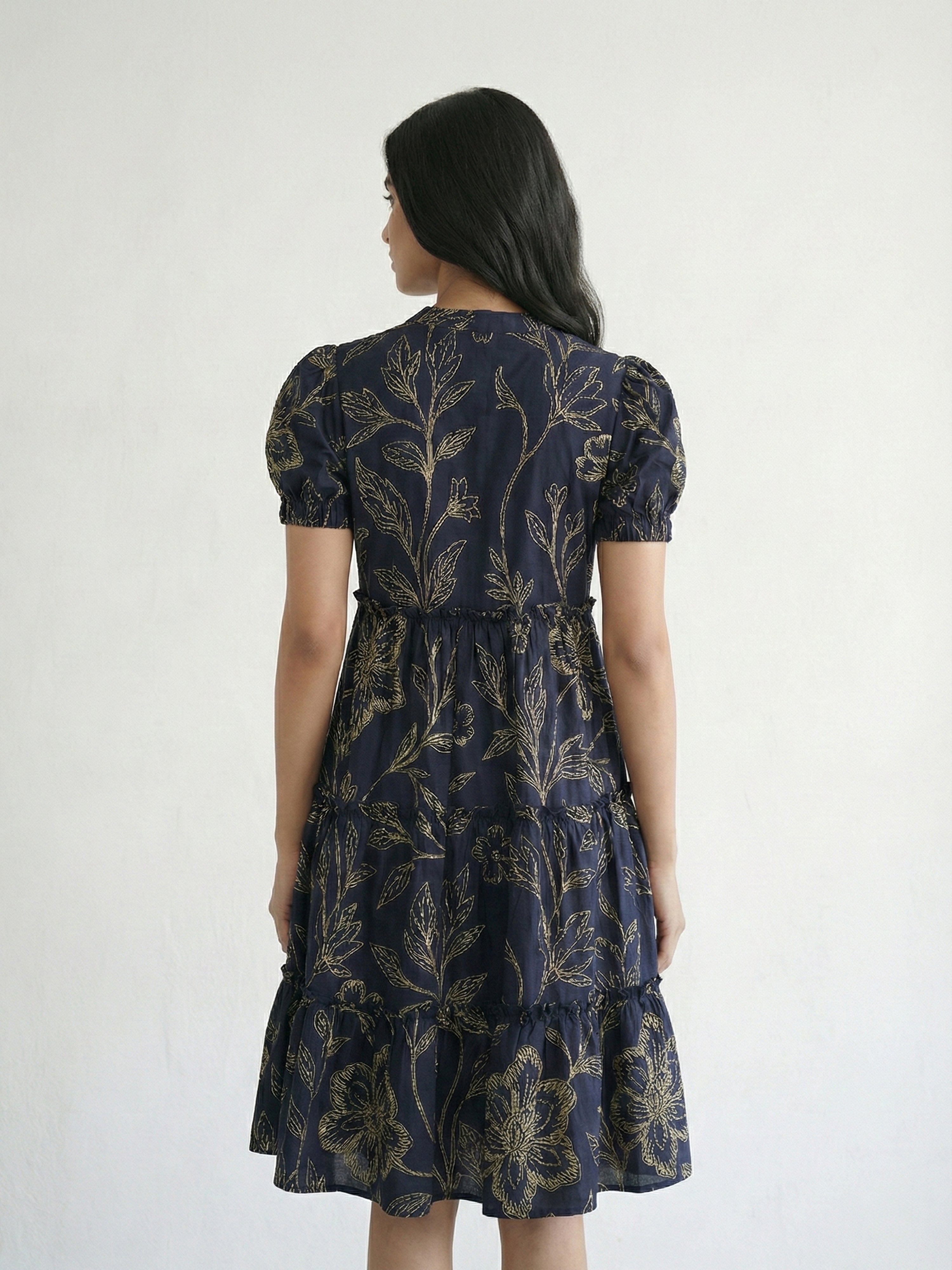 Navy Blue Cotton Collar Neck Half Sleeve Dresses For Female