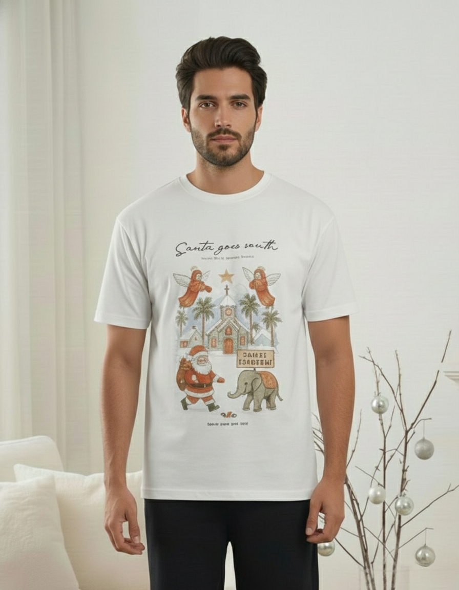 Santa Goes South – Men’s Digital Printed Christmas T-Shirt