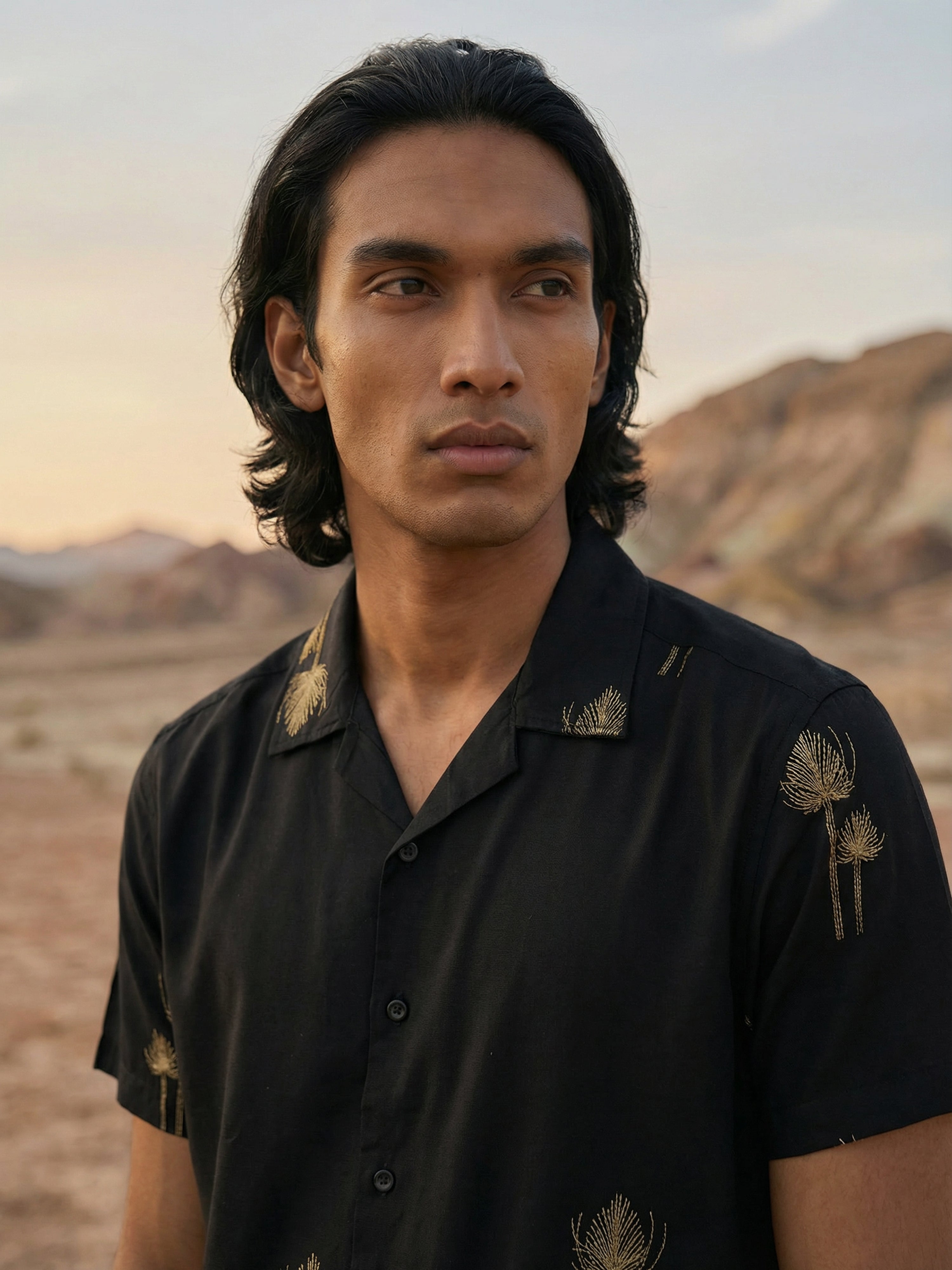 Men's Black Fit Shirt with Embroidered Patterns