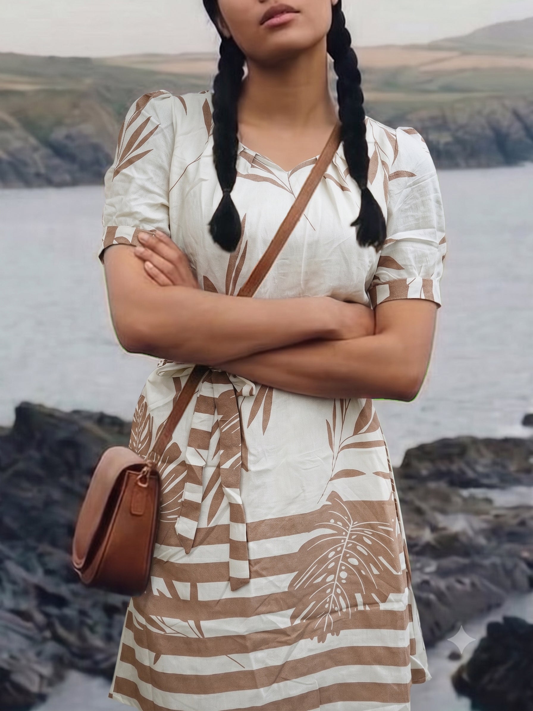 Women's Nylon Viscose Print Beige Regular Fit Dresses