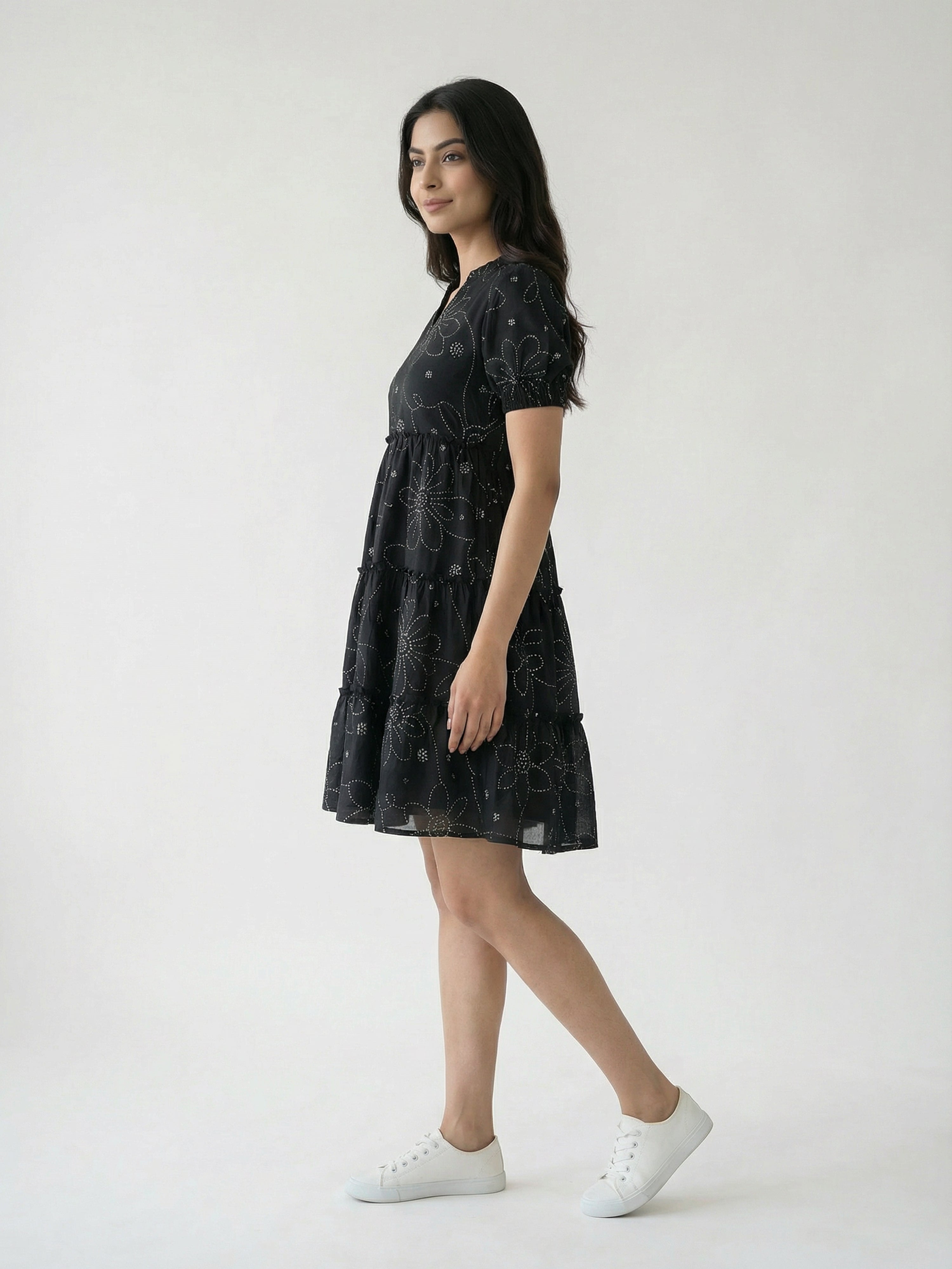 Black Cotton Collar Neck Half Sleeve Dresses For Female