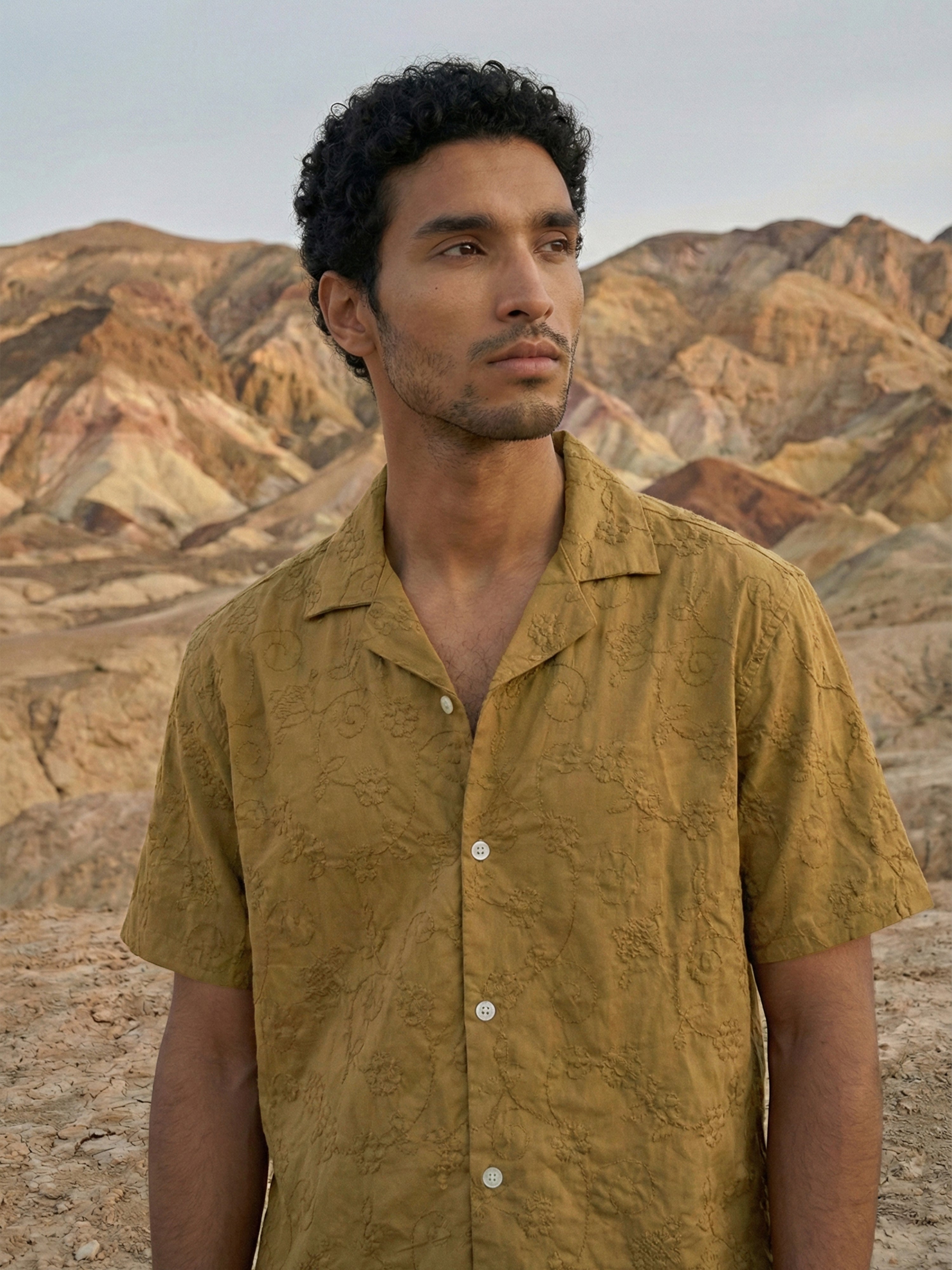 Chocolate Organic Cotton Cuban Collar Half Sleeves Shirt For Male