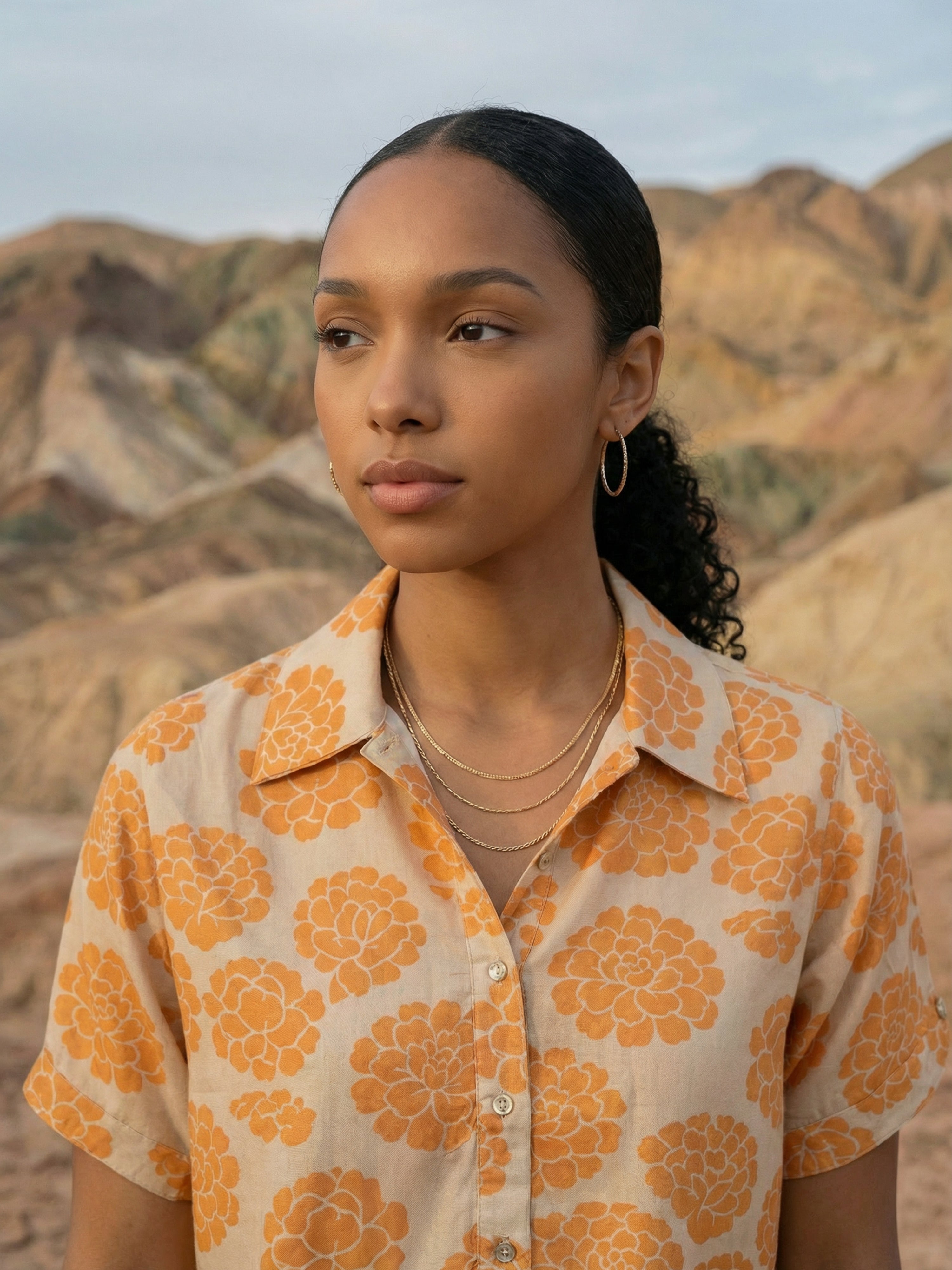 Women's Orange Rayon  Top with Classic Collar Neck