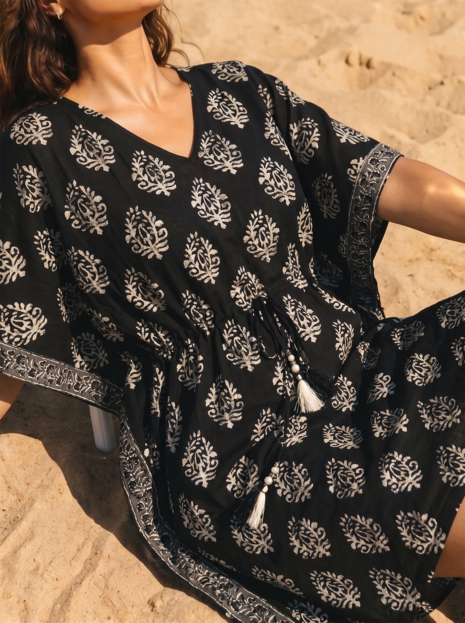 Women's Cambric Cotton Jet black V Neck Sleeveless Kaftan