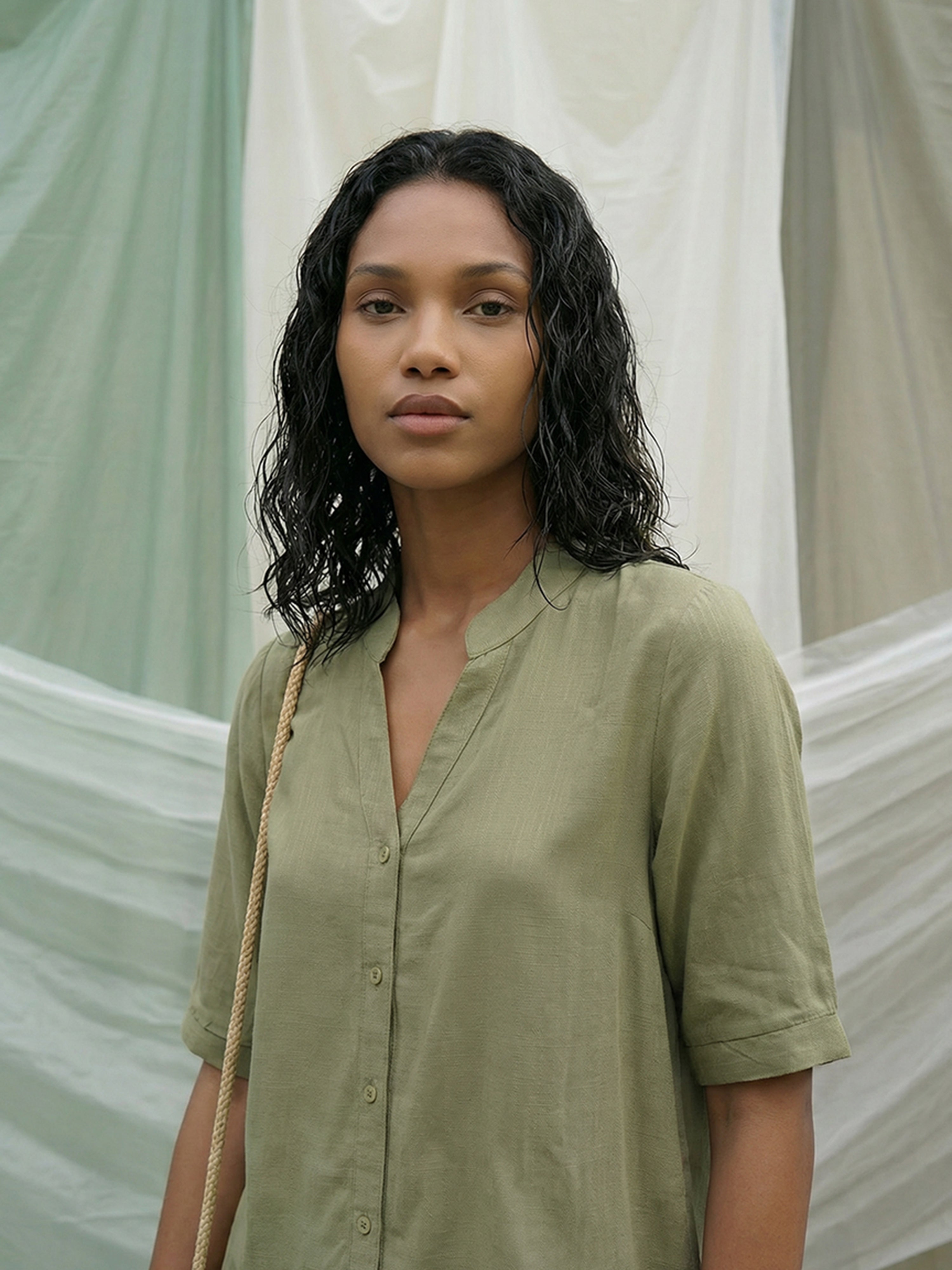 Women's Pista Linen Shirt with Chinese Collar Neck