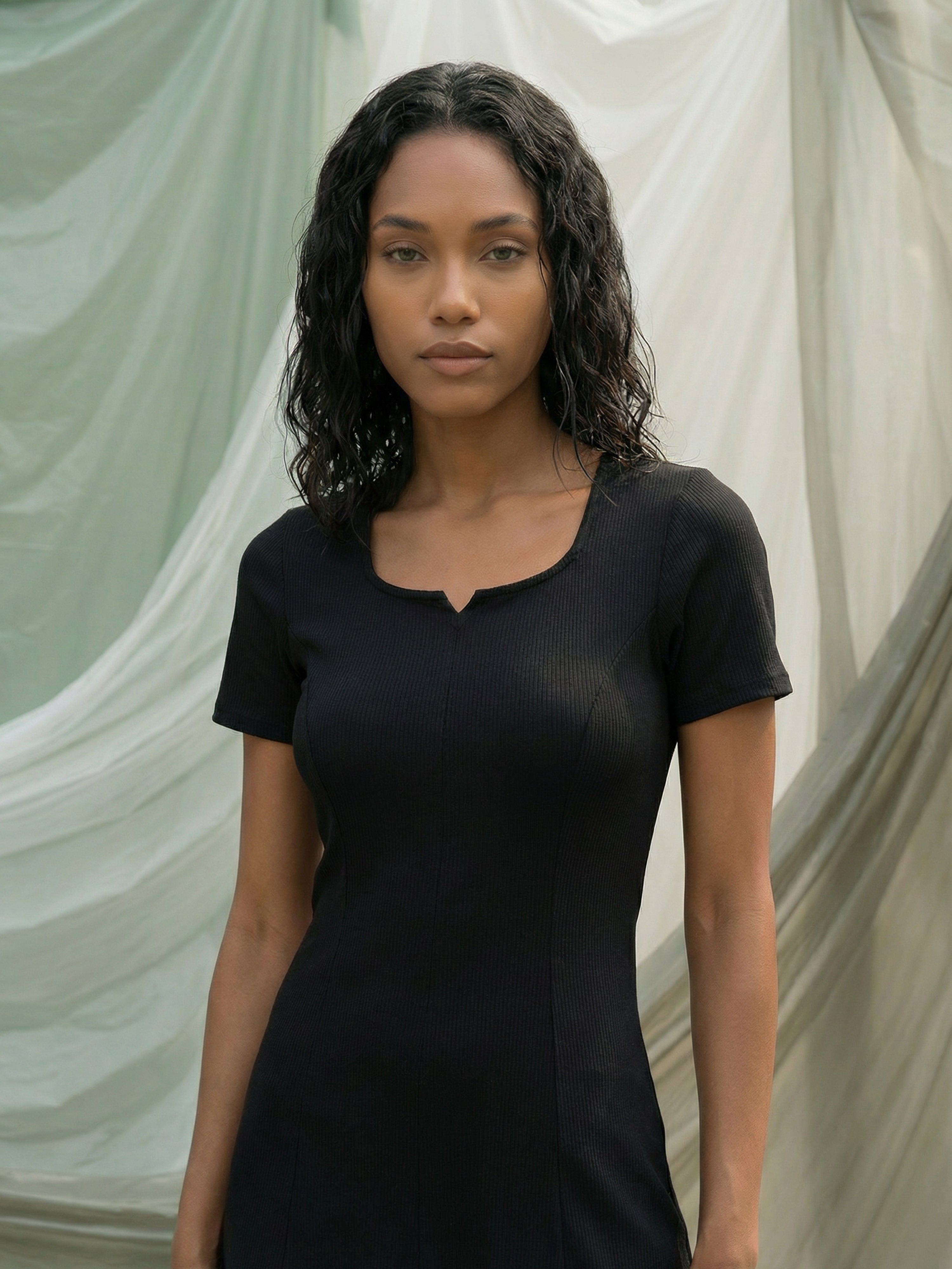 Black Ribbed Square With Split V Neck Short Dresses For Female