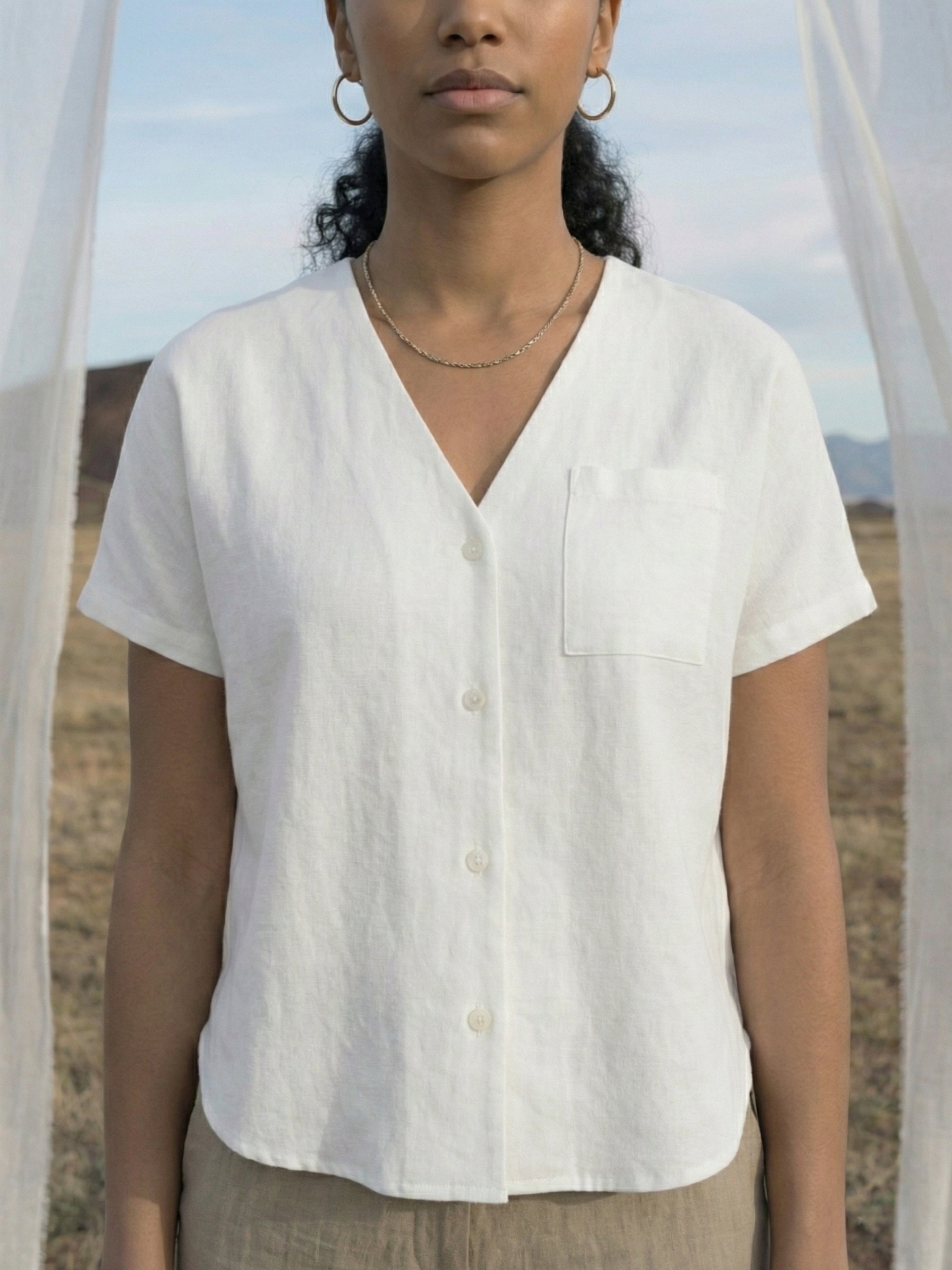 Women's White Linen Top with V Neck Neck