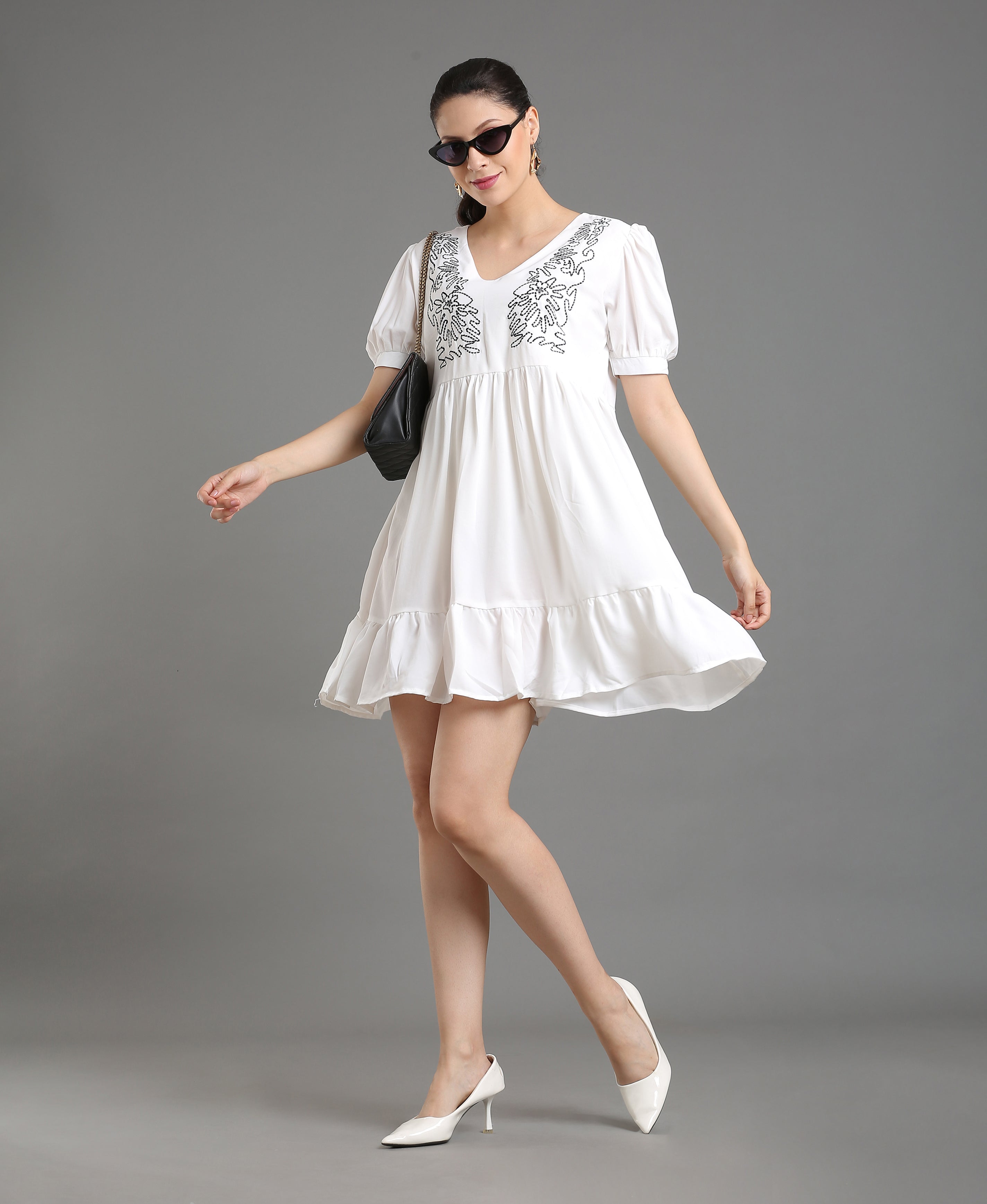 Ivory Embroidered Poly-Cotton Dress