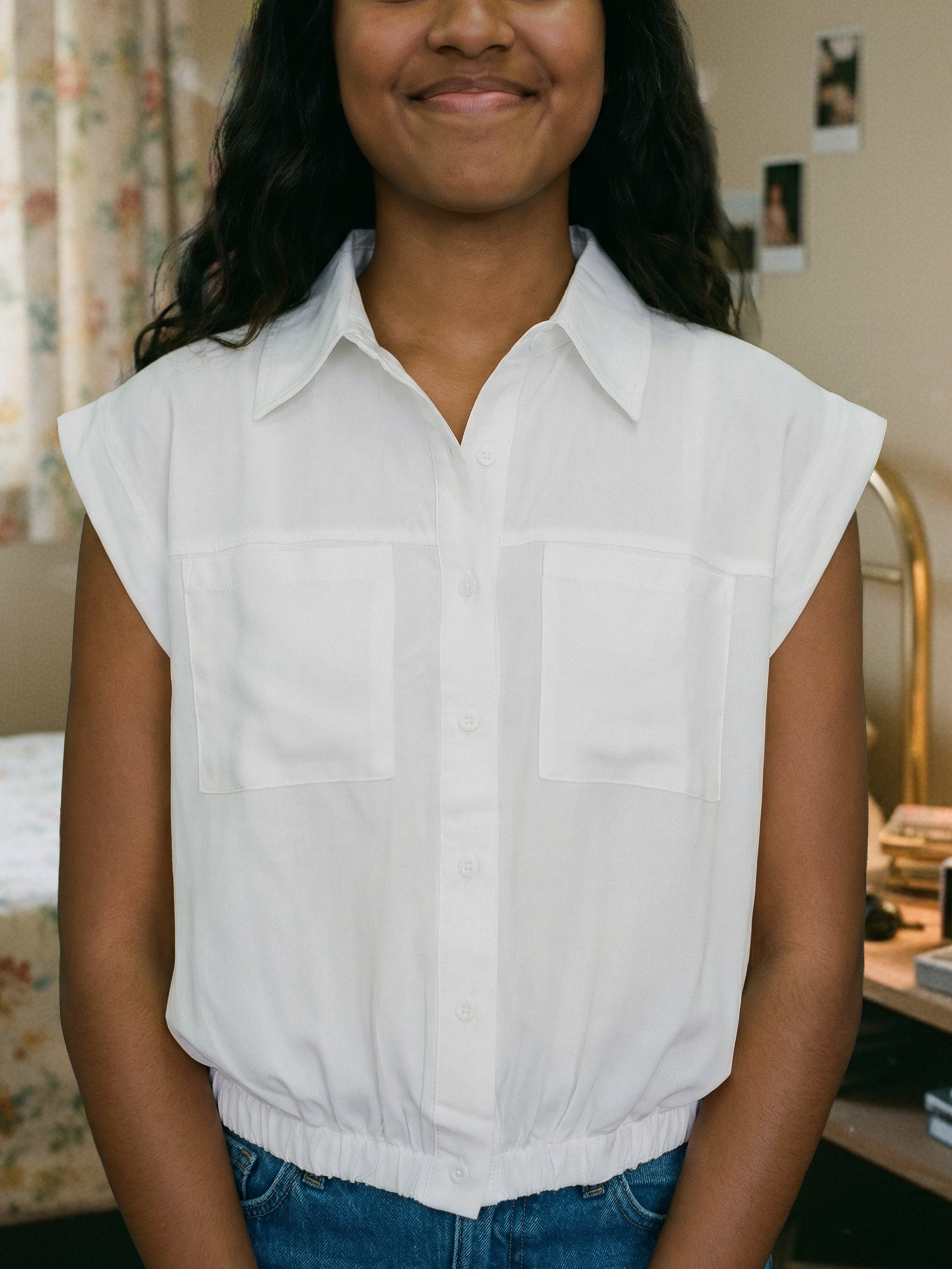 Women's Off White Nylon Viscose Viscose Shirt with Collar Neck Neck