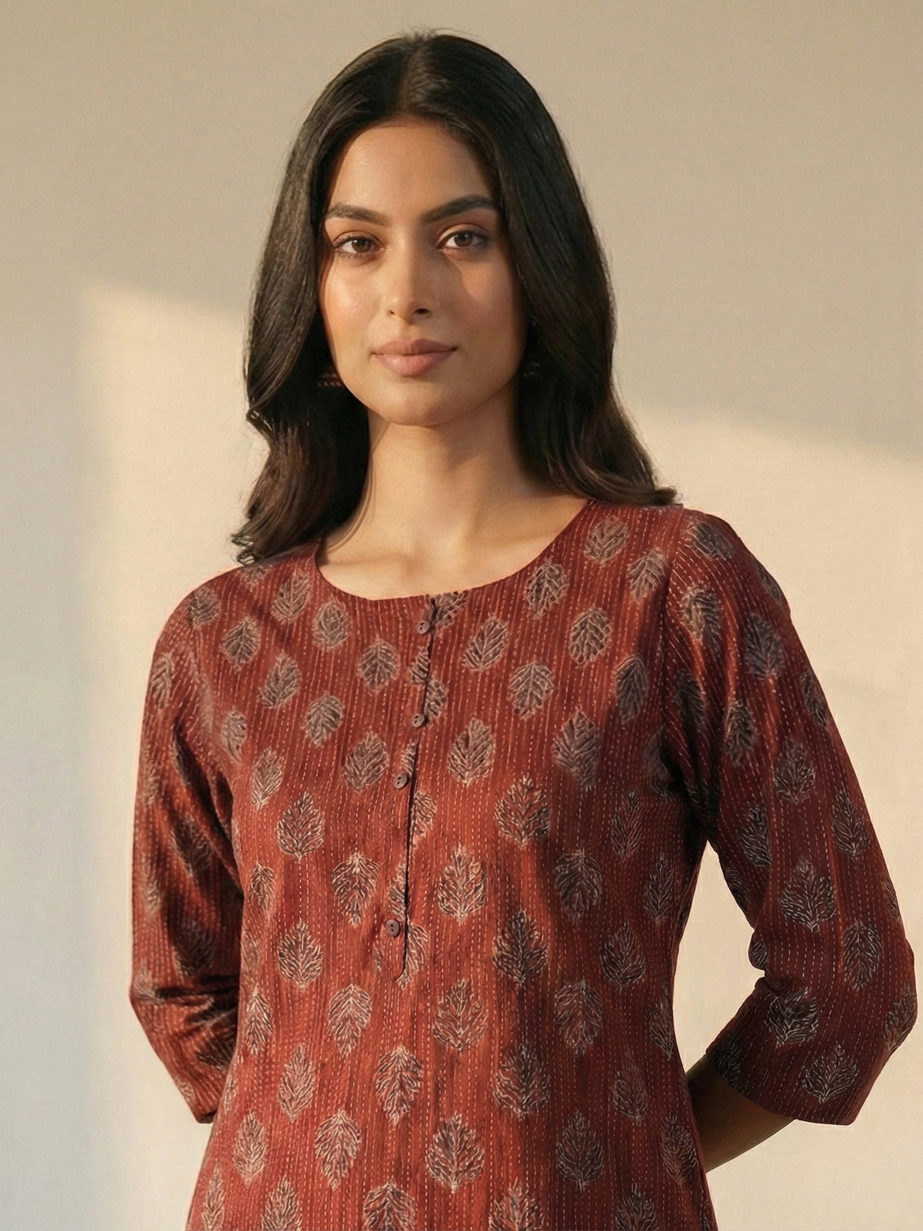Maroon Katha Cotton Round Neck 3/4 Sleeve Kurti For Female