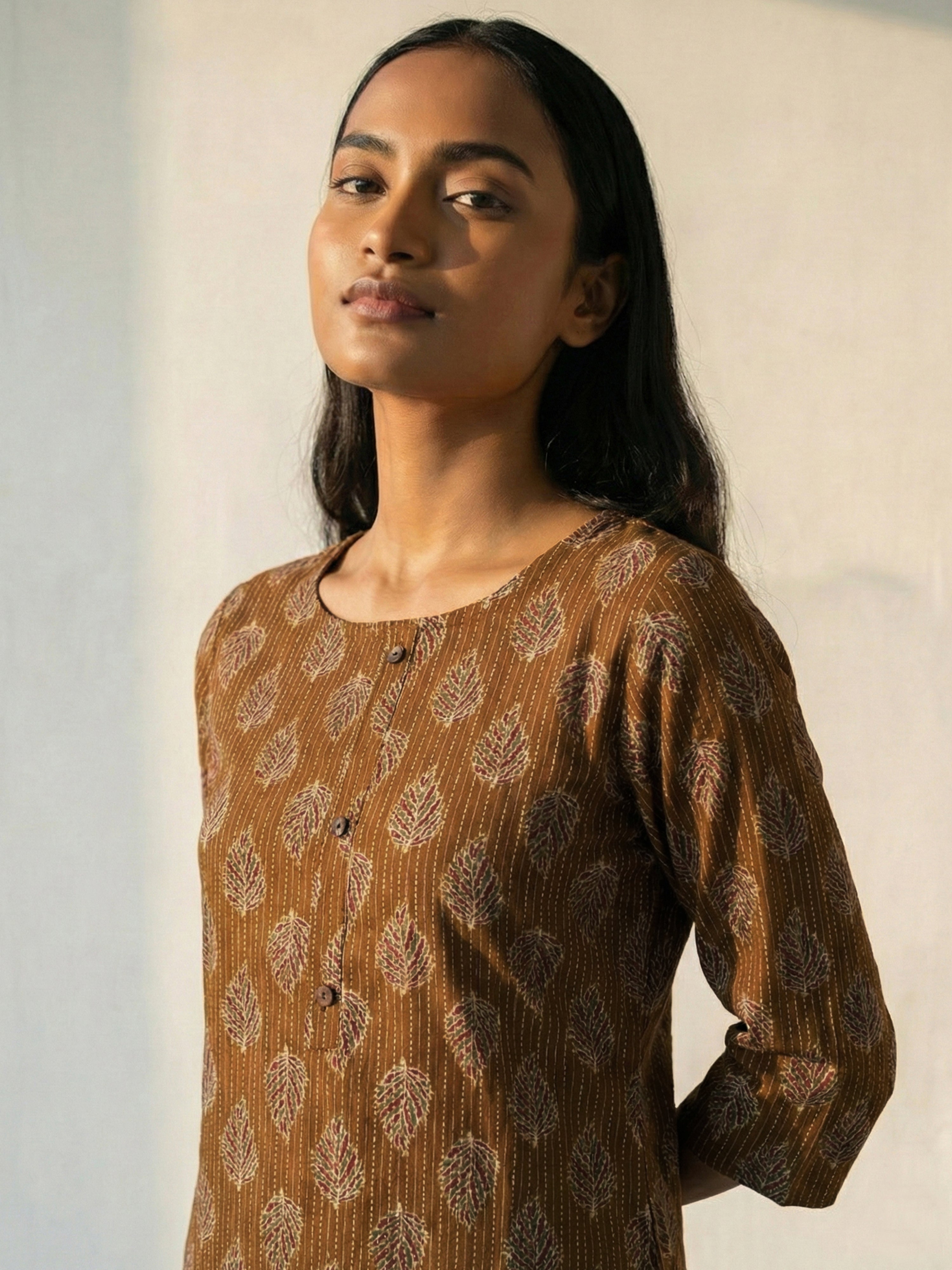 Brown Katha Cotton Round Neck Kurti
