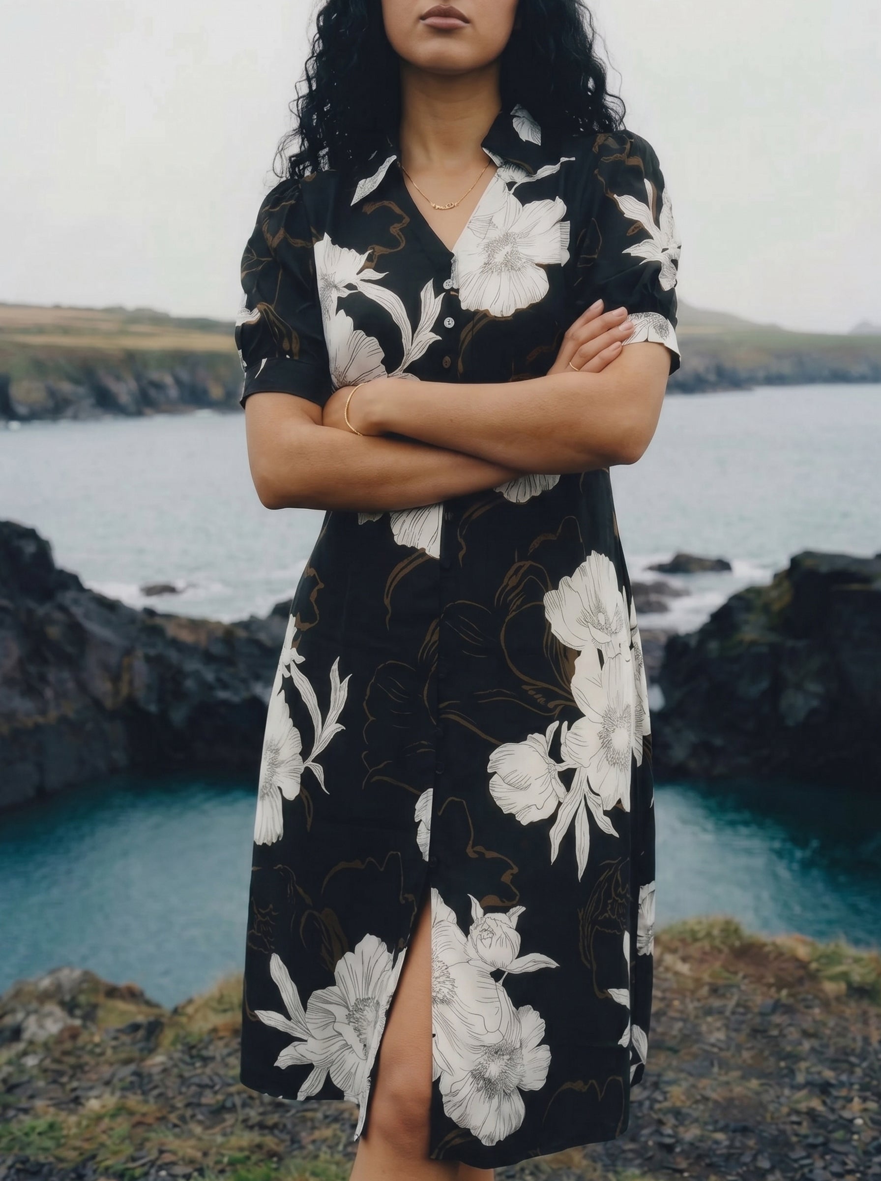Women's Glame Print Black Collar Neck Dresses