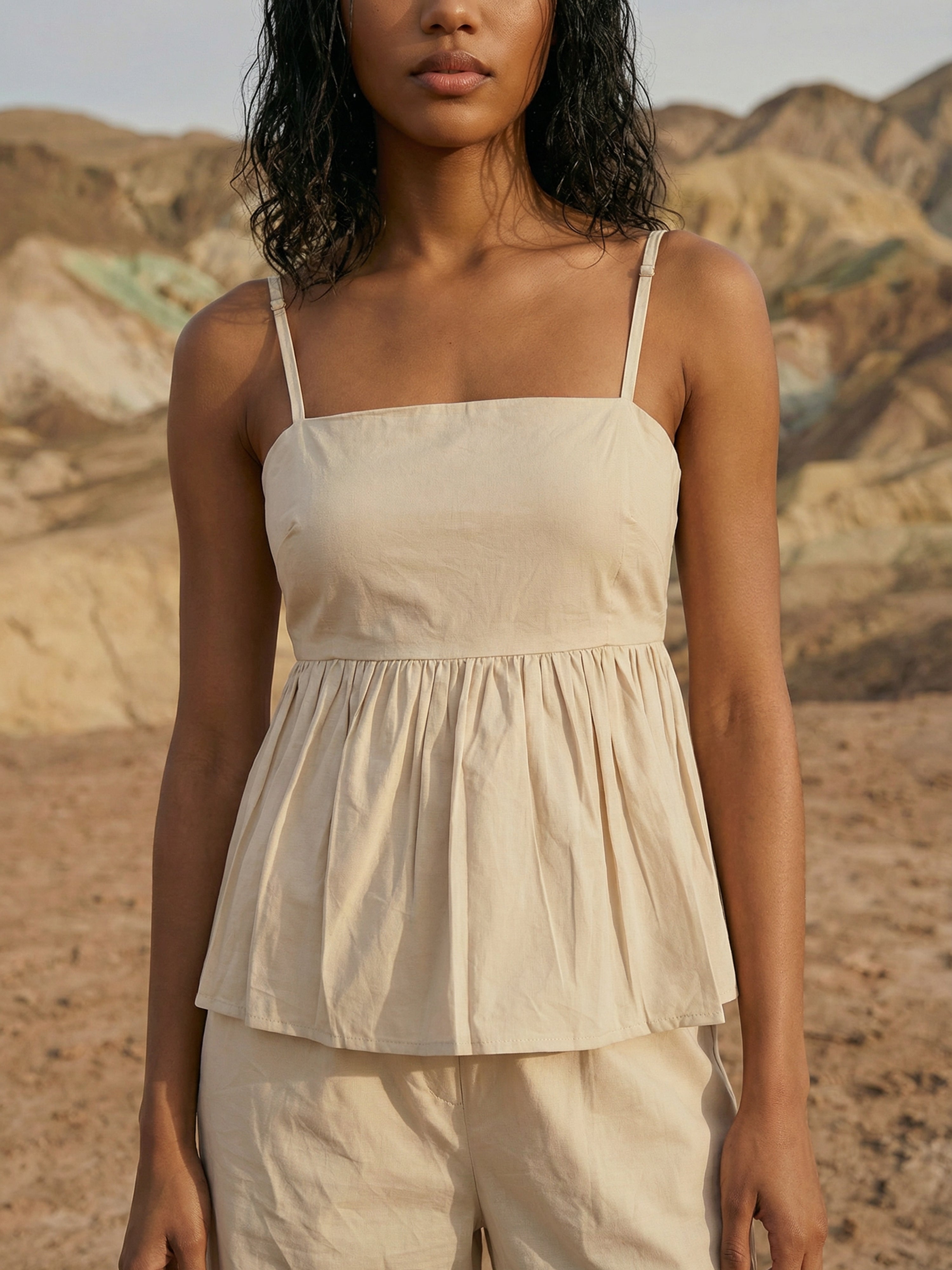 Women's Beige Poplin Co_Ords with Square Neck Neck