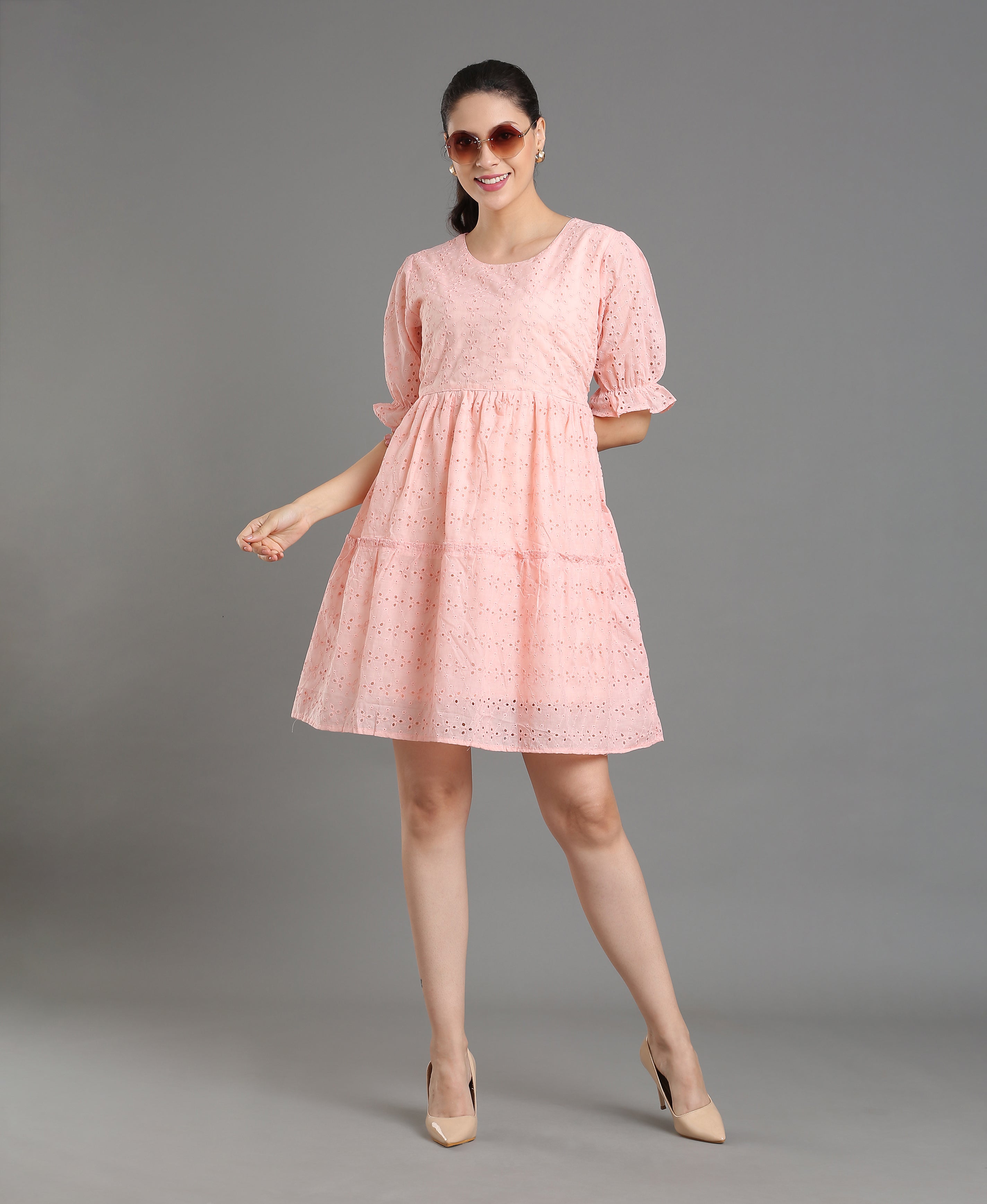 Peach Chiffli Embroidered Flare Dress