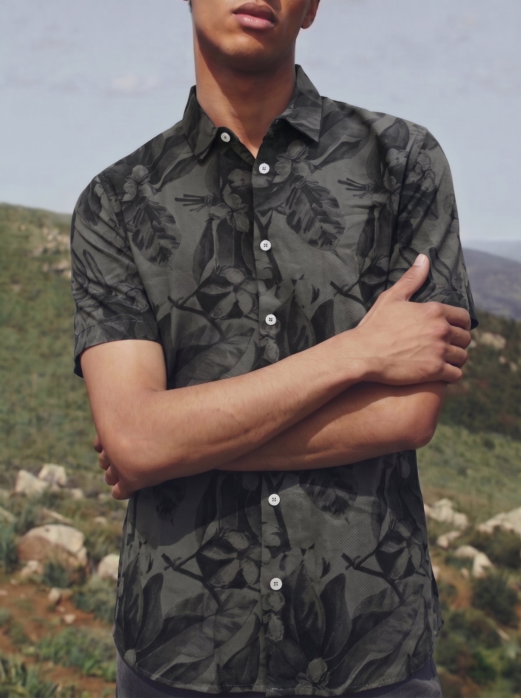 Men's Imported Print Grey Regular Collar Relaxed Fit Shirt