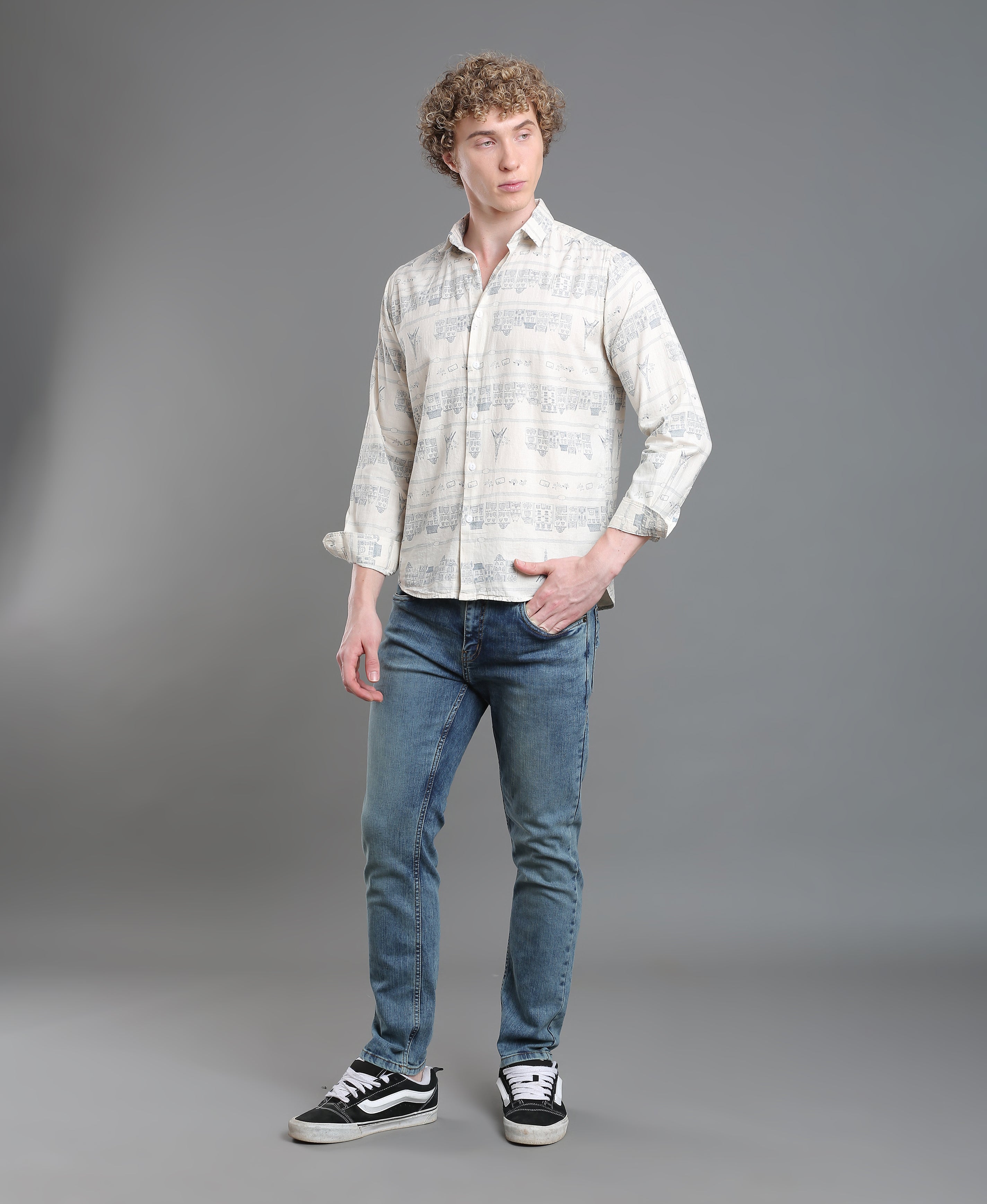 Ivory Linen Print Slim Shirt