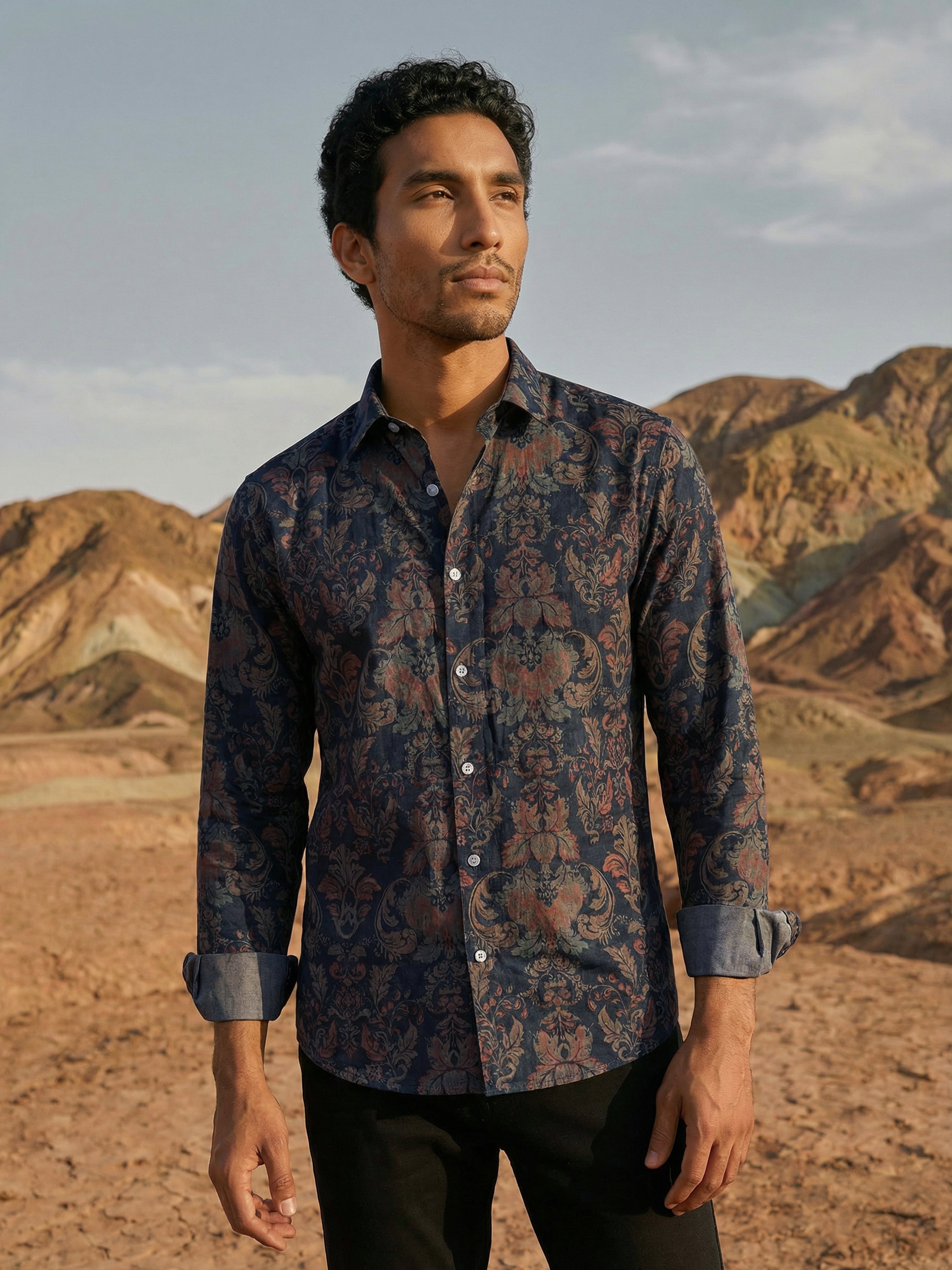 Navy  Milanj Semi Formal Print Semi Cut Away Collar Full Sleeves Shirt For Male