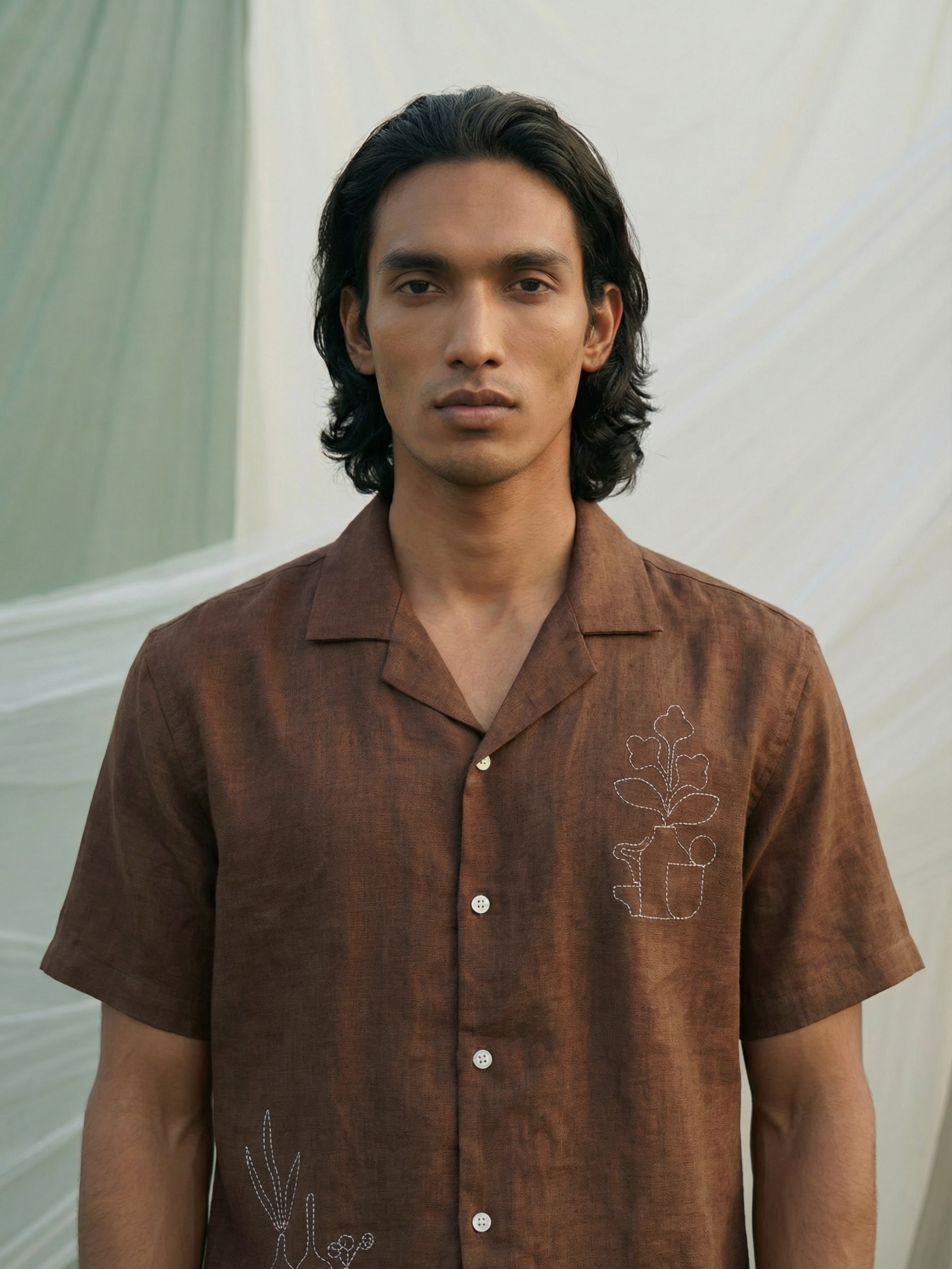 Brown  Double Tree Linen Cuban Collar Half Sleeves Shirt For Male