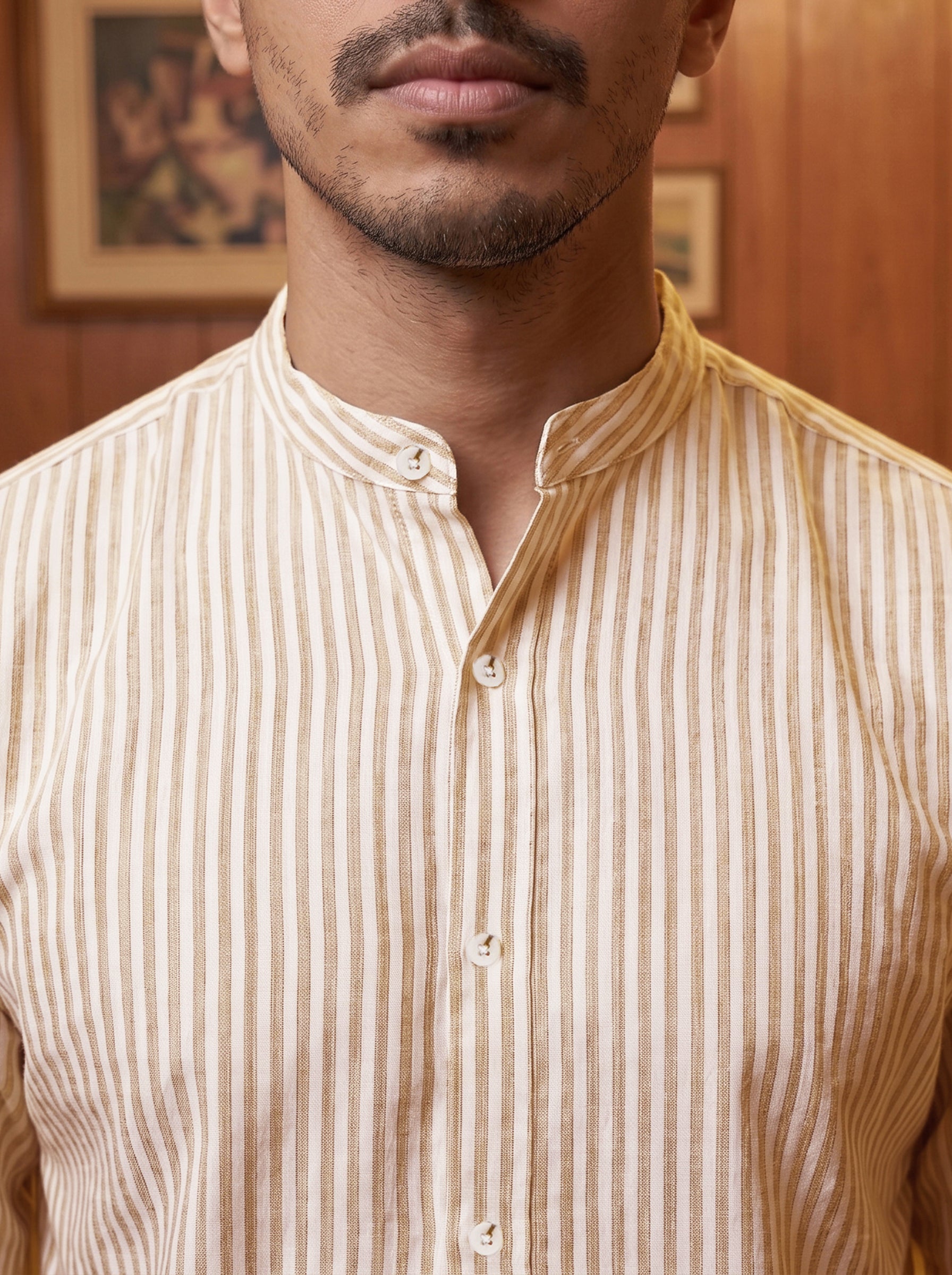 Men's Stripes Beige Yellow Relaxed Fit Shirt