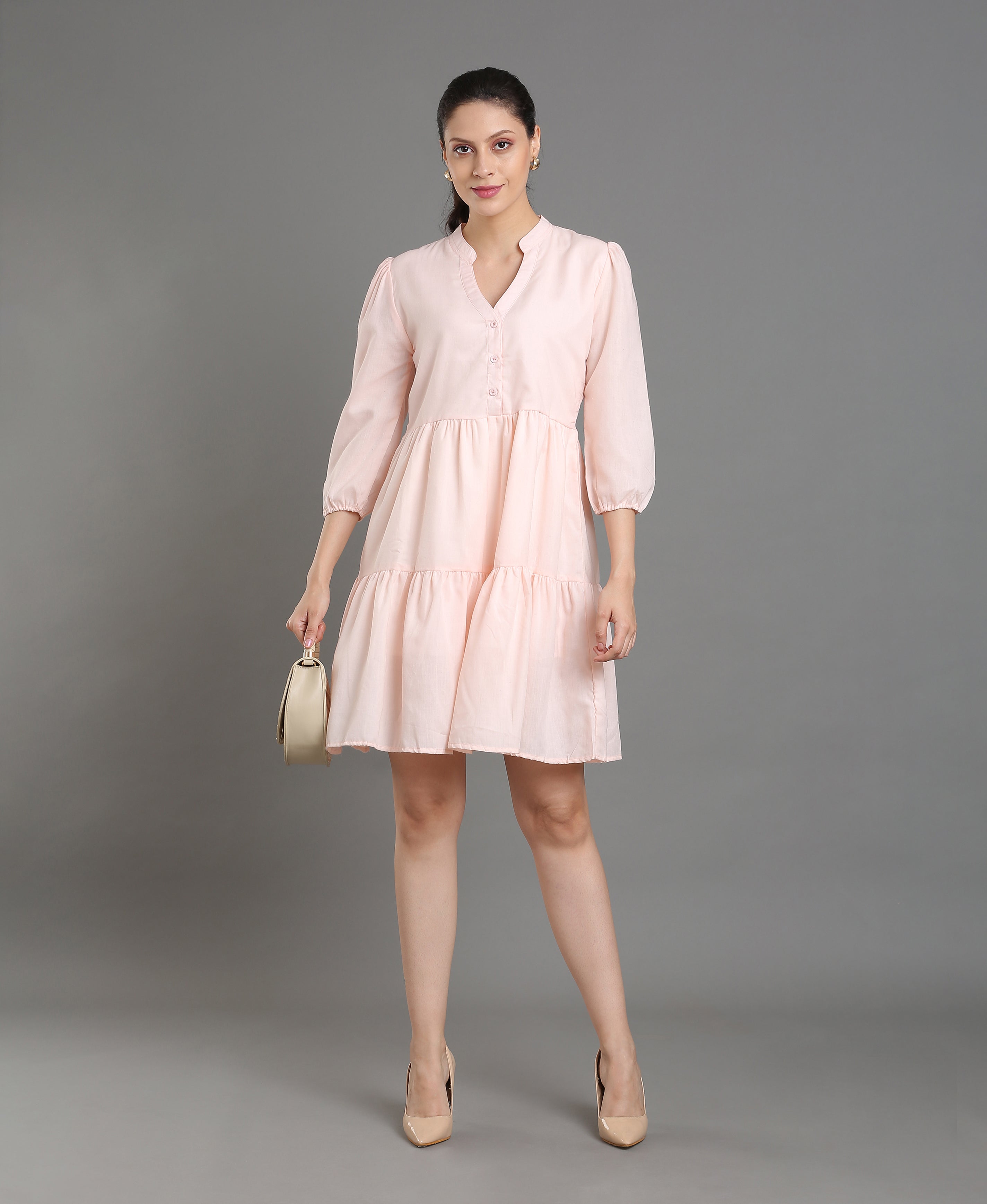 Peach Solid Mandarin Flare Dress