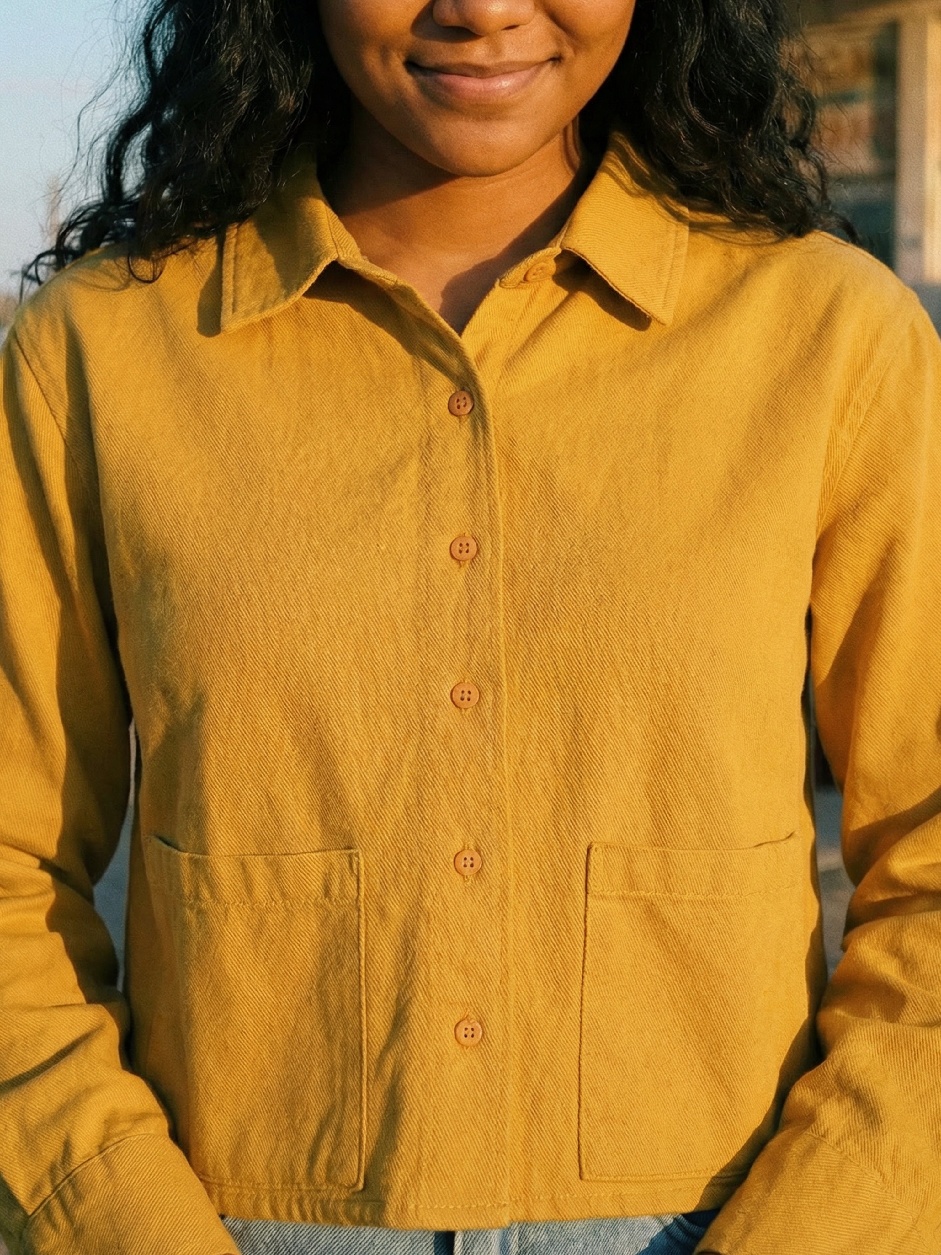 Women's Mustard Cotton Twill Shirt with Collar Neck Neck
