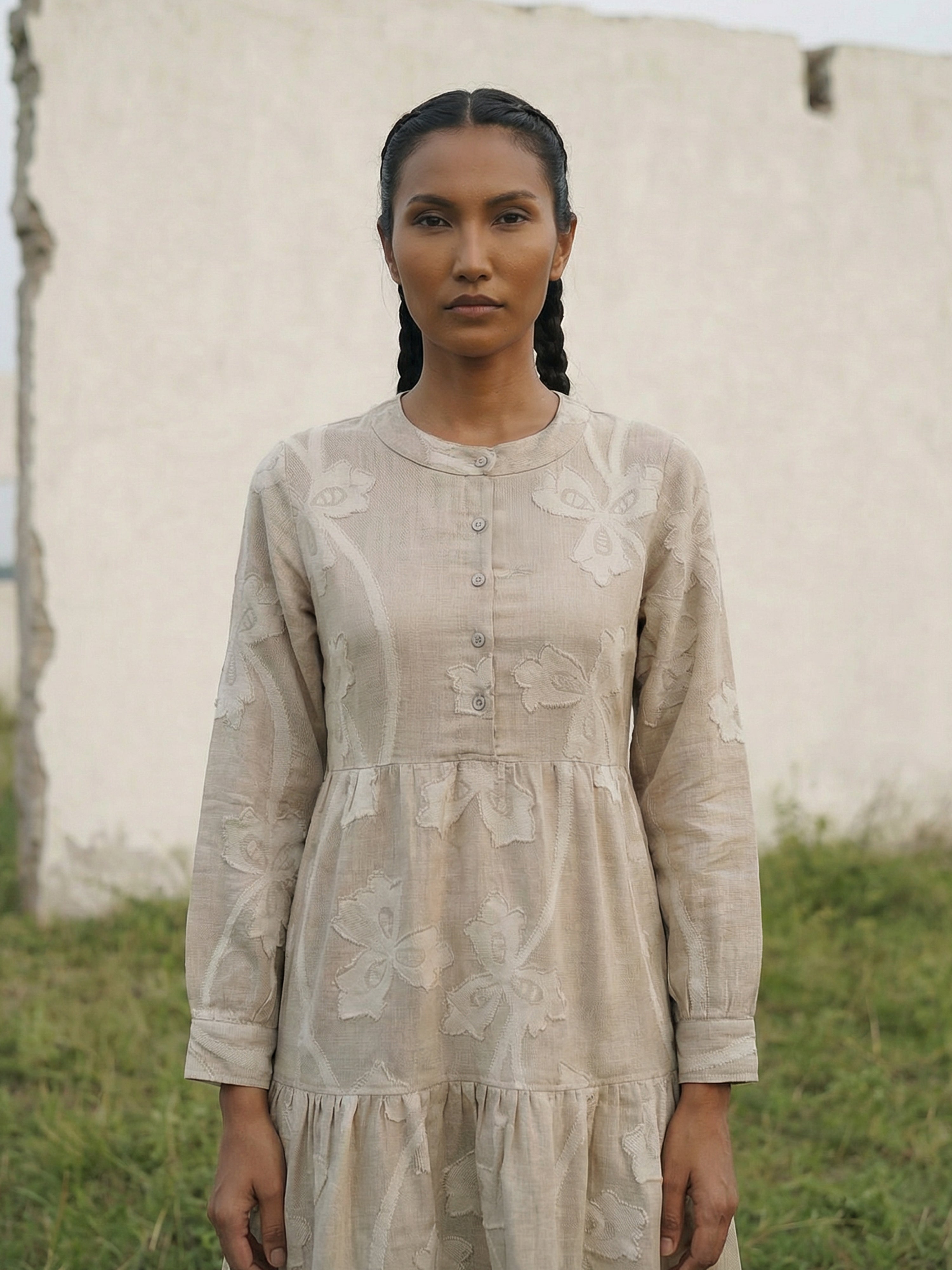 Beige Imp Round Three Fourth Dresses For Female