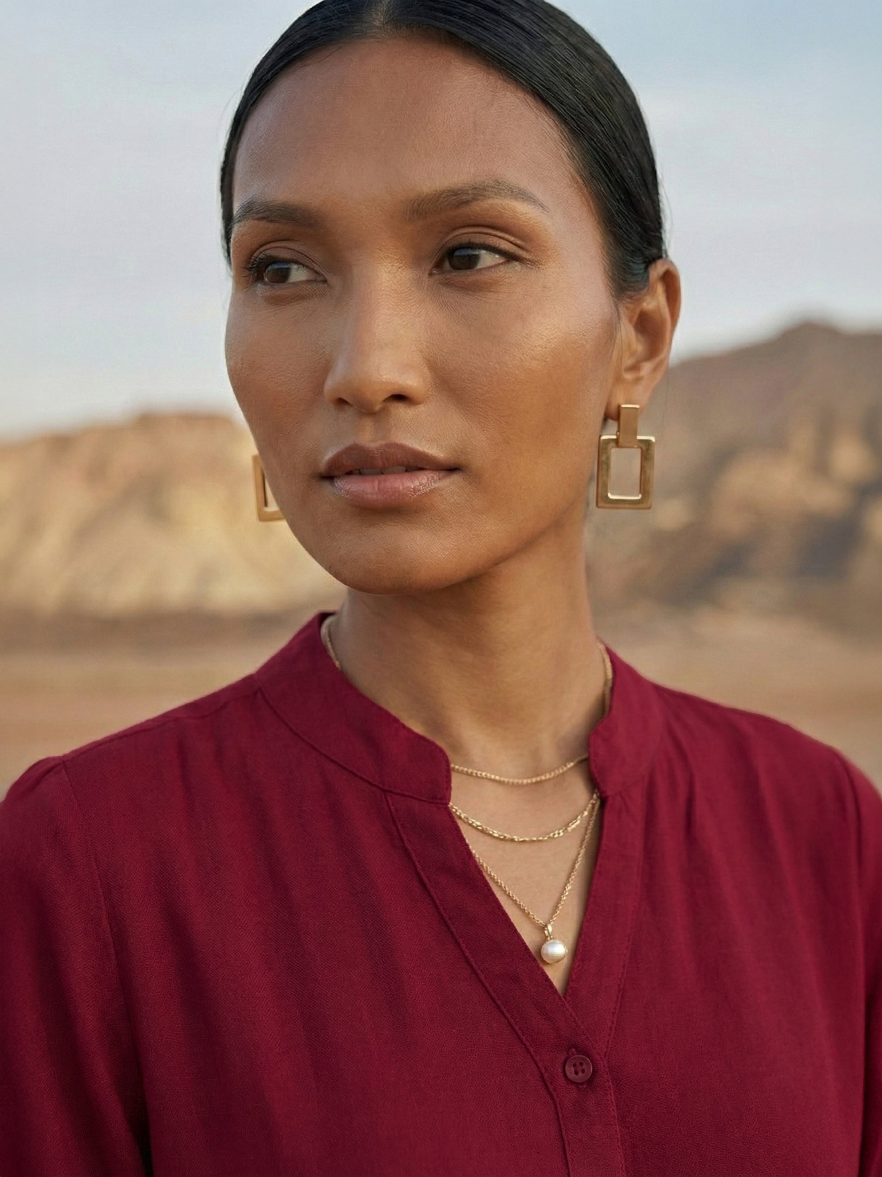 Women's Maroon Linen Shirt with Chinese Collar Neck