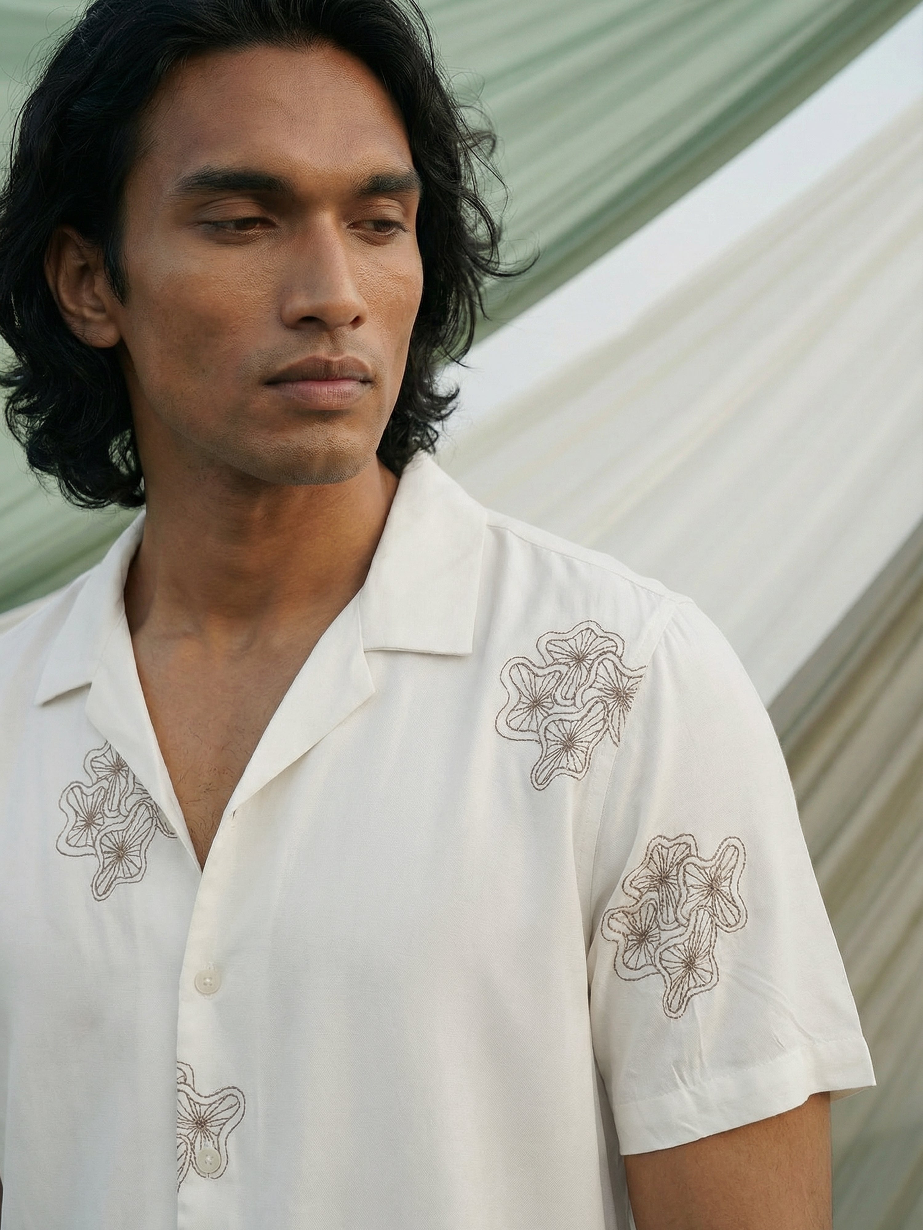 Off White Premium Imported Embroidery Fabric Shirt