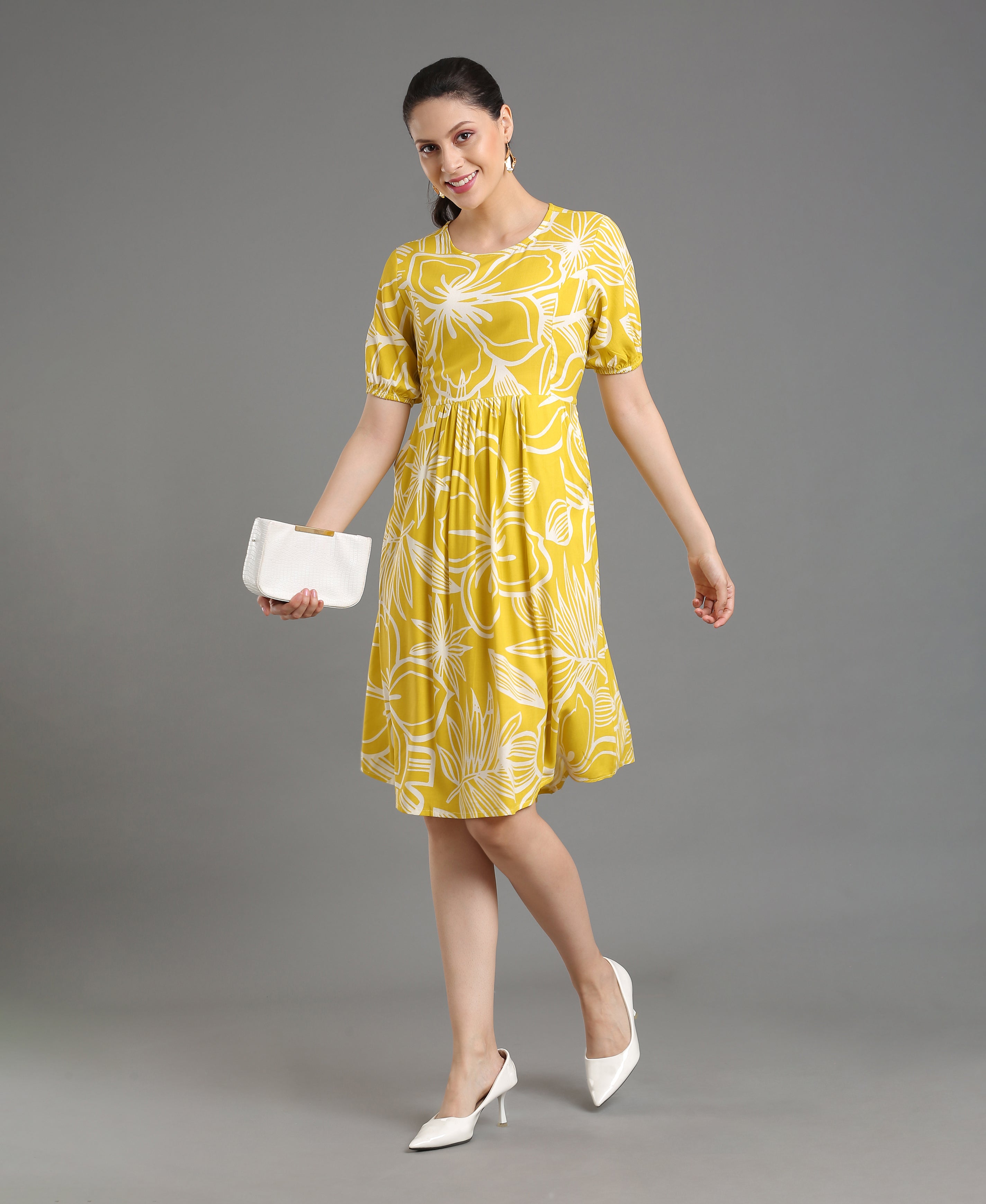 Yellow Bloom Viscose Flare Dress