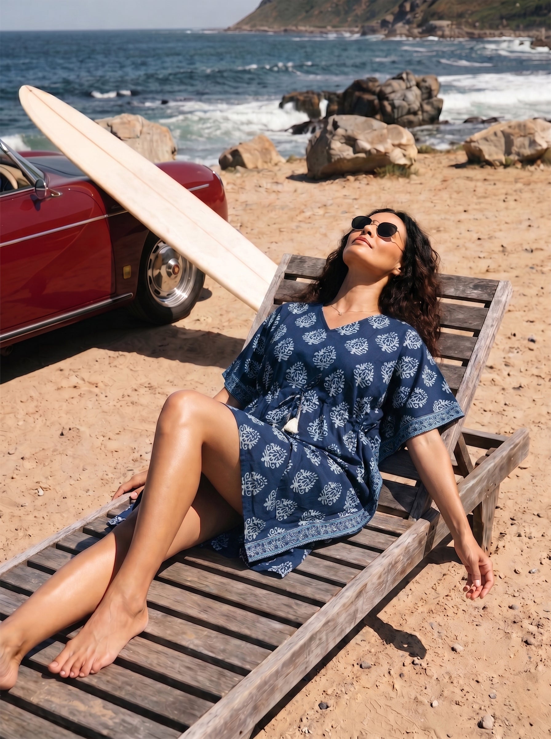 Women's Cambric Cotton Indigo V Neck Sleeveless Kaftan