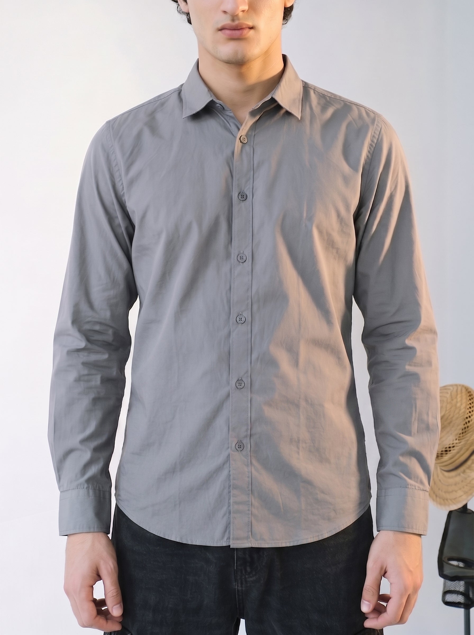 Mens Grey Cotton Relaxed Regular Collar Shirt