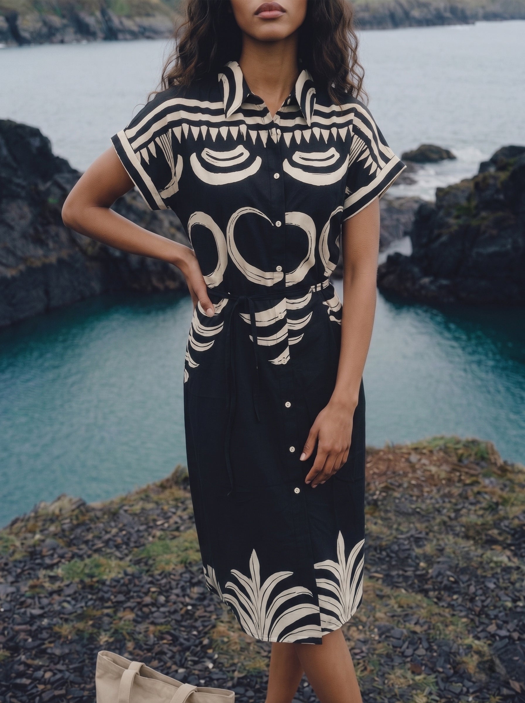 Women's Nylon Viscose Print Black Regular Fit Collar Neck Dresses
